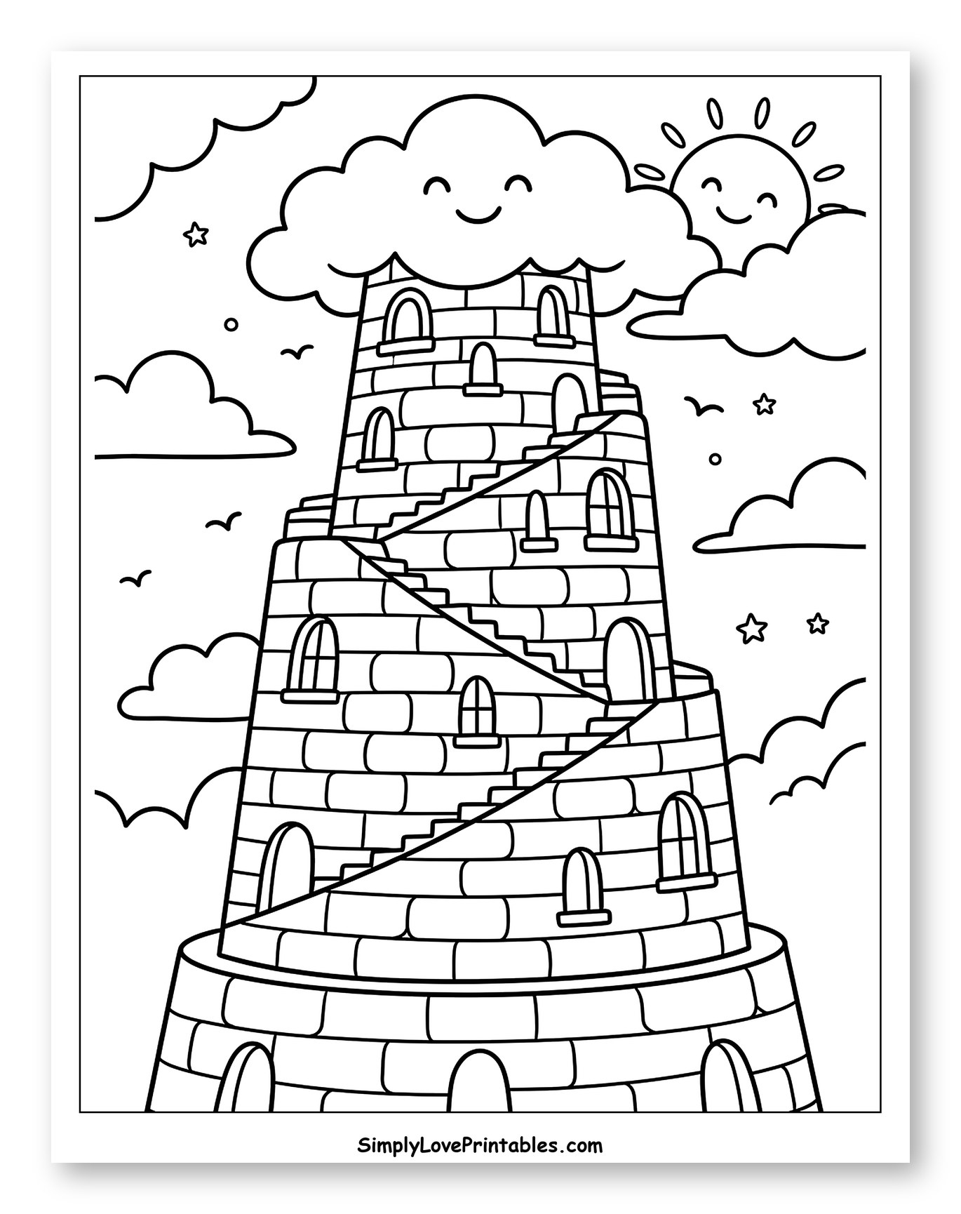 Tall Stone Tower with Happy Cloud and Sun
