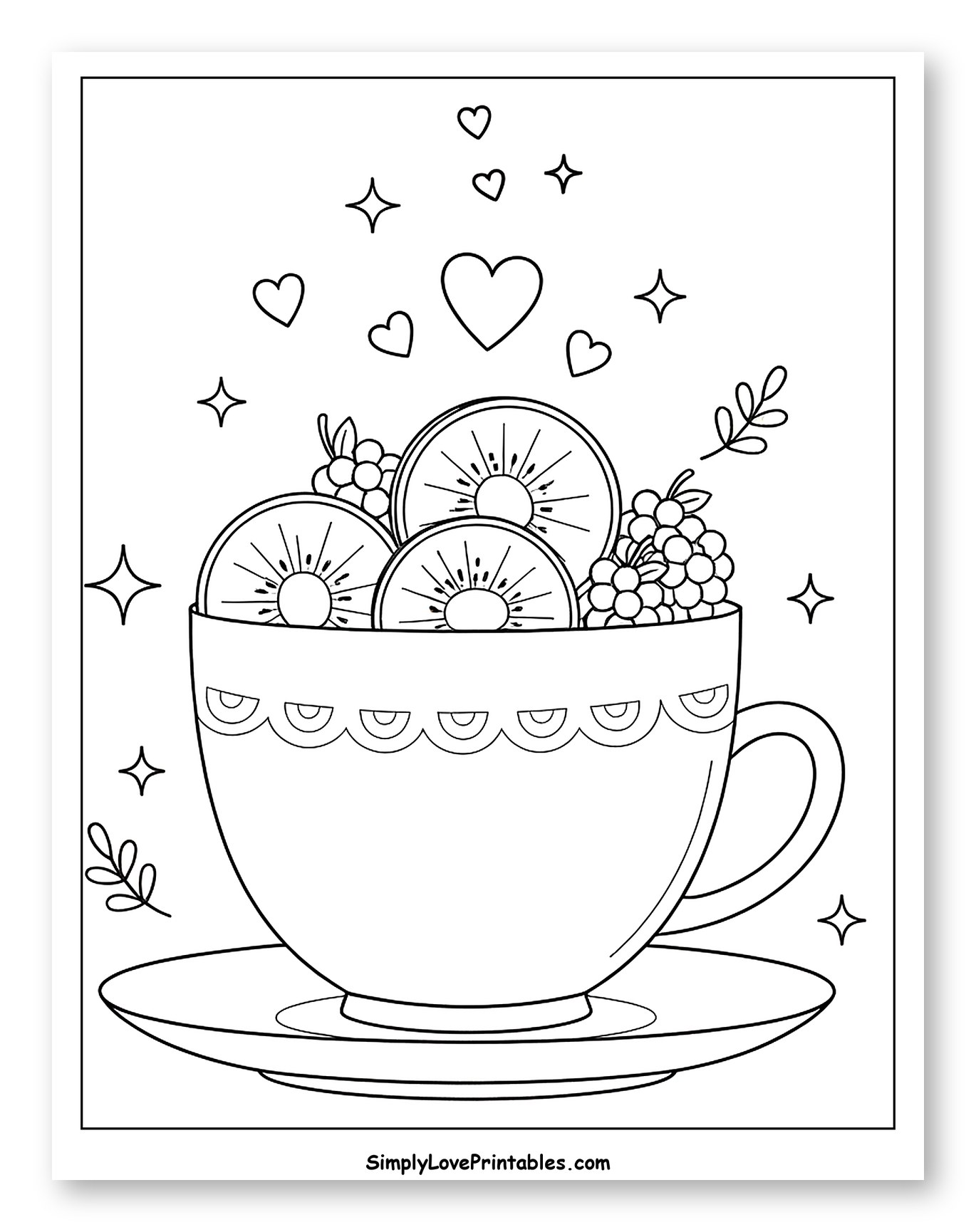 Teacup with Kiwi Slices and Berries to Color for Adults