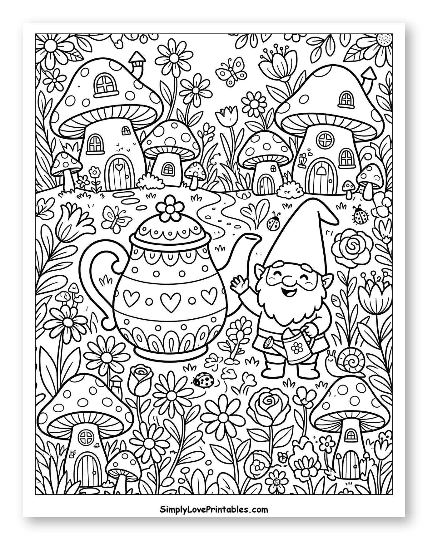 Teapot and Gnome in Whimsical Mushroom Garden
