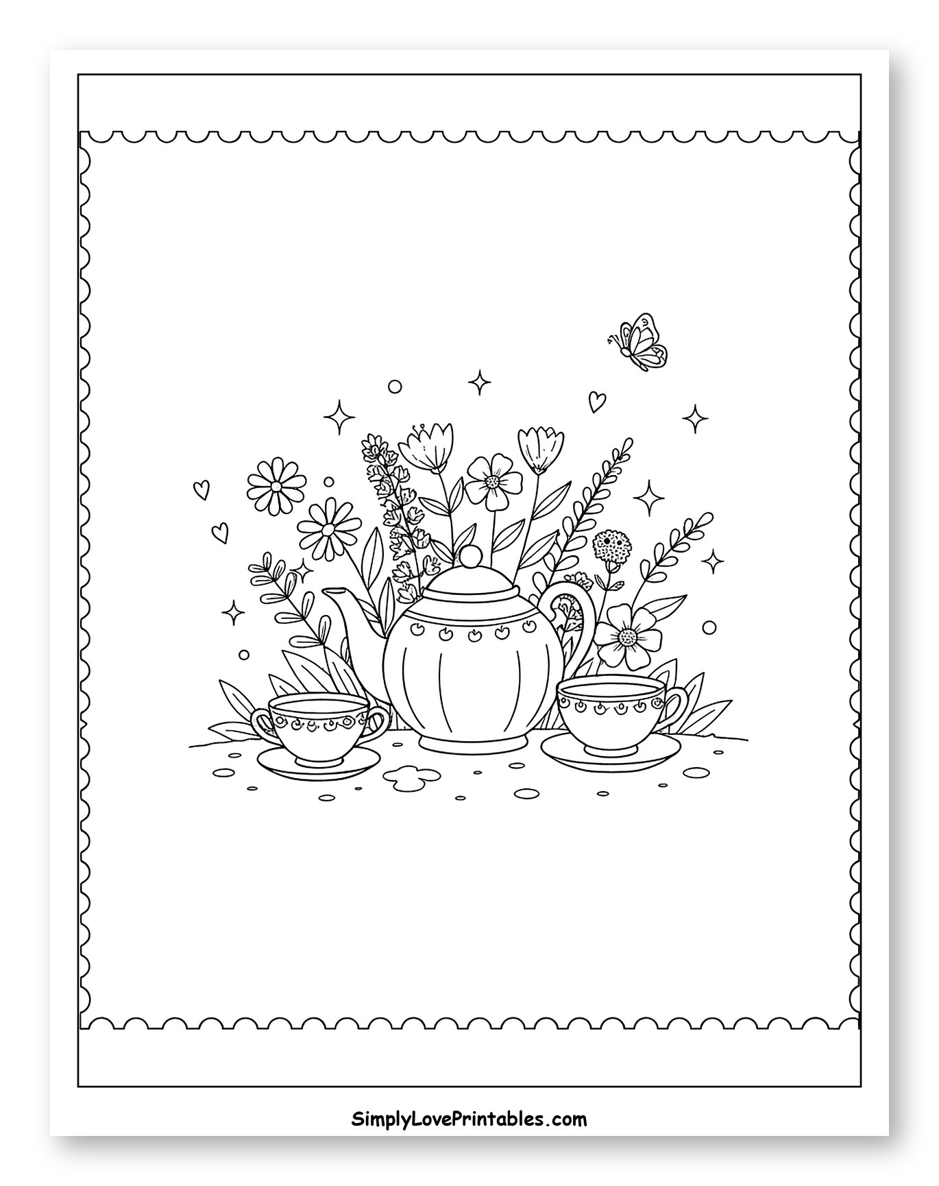 Teapot and Teacups with Wildflowers and Butterfly