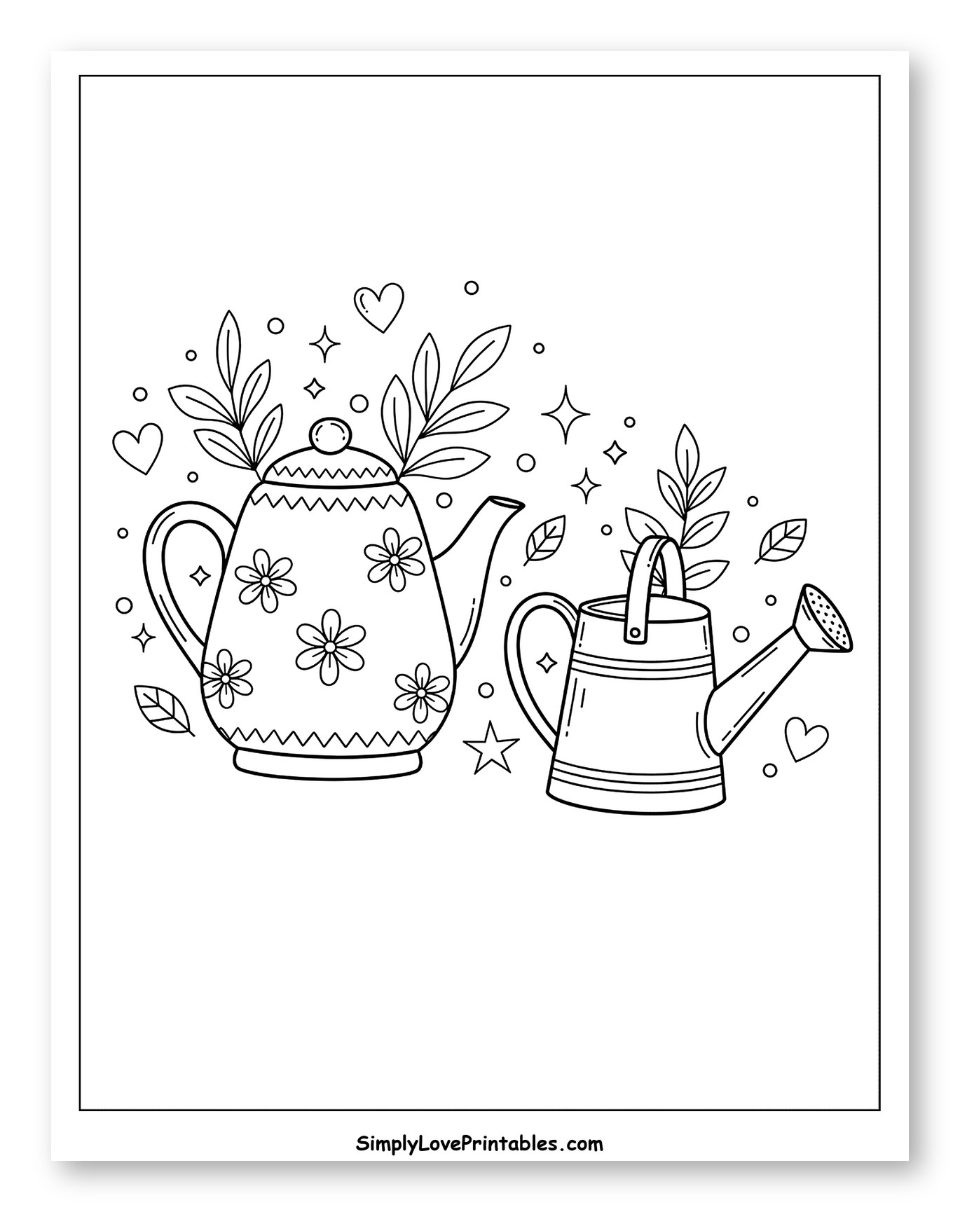 Teapot and Watering Can with Leaves Coloring Page for Adults