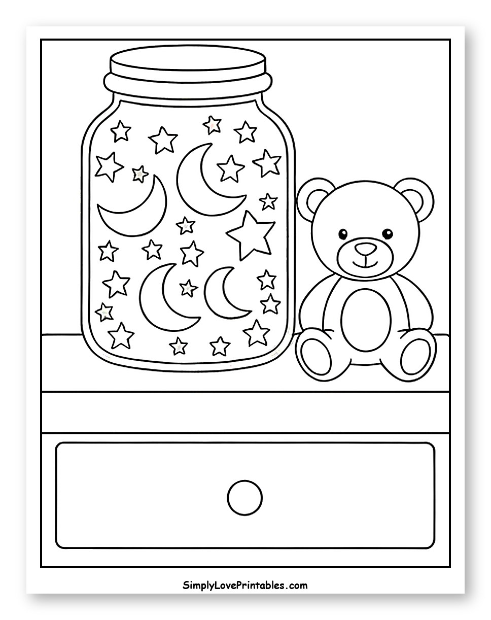 Teddy Bear and Starry Moon Jar on Nightstand