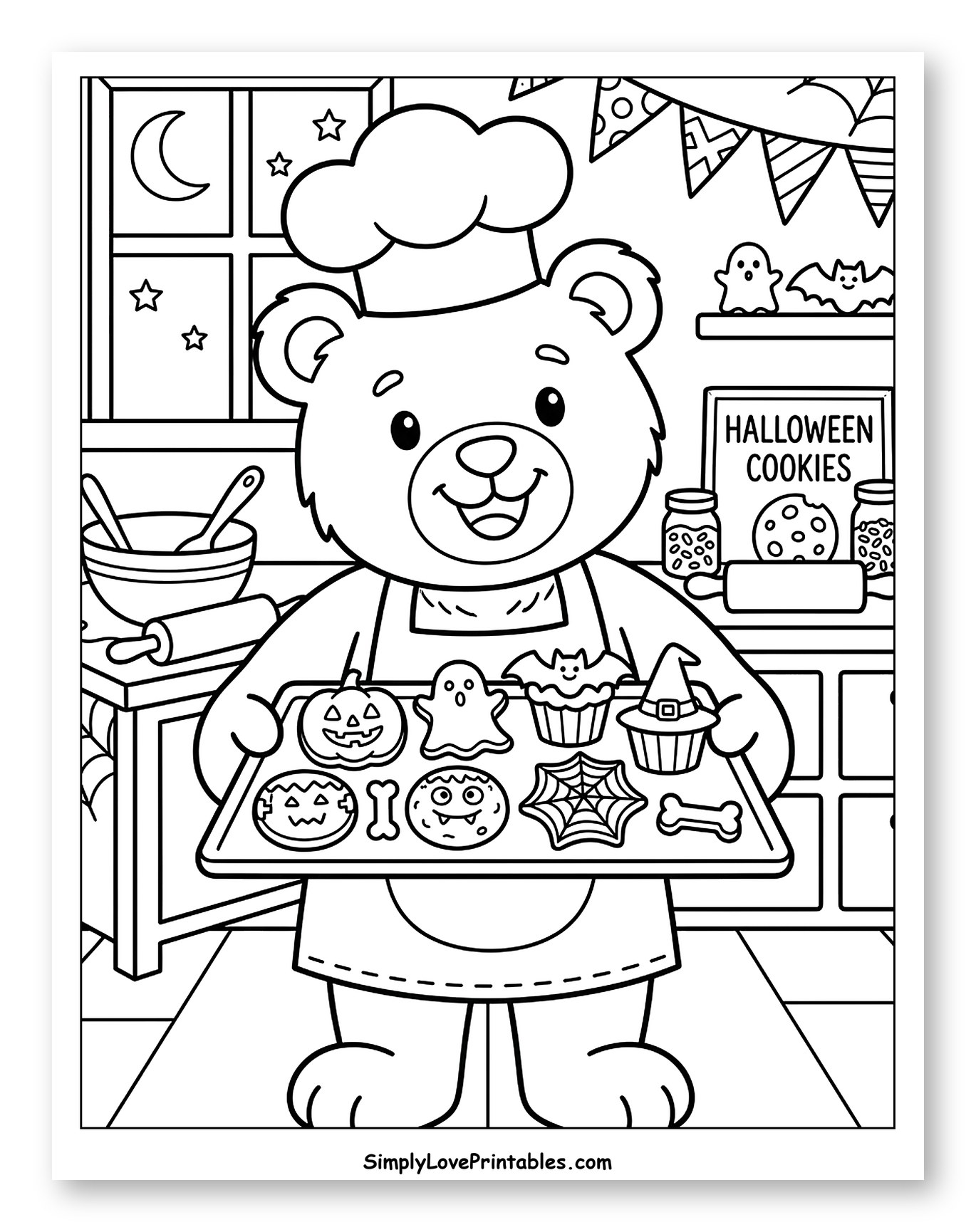 Teddy Bear Chef with Halloween Cookies Coloring Sheet for Kids
