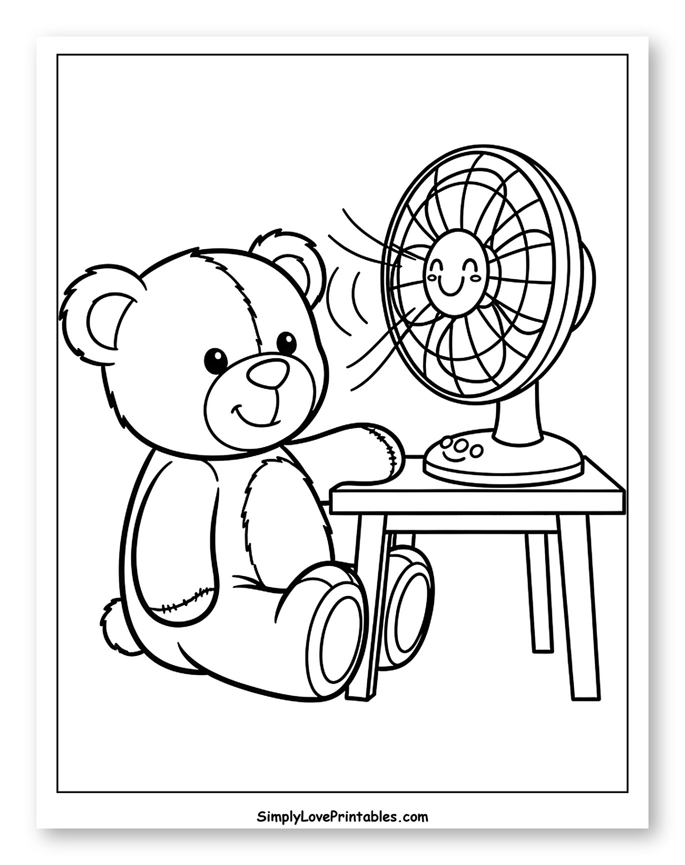 Teddy Bear Enjoying Air from a Smiling Fan to Color for Toddlers