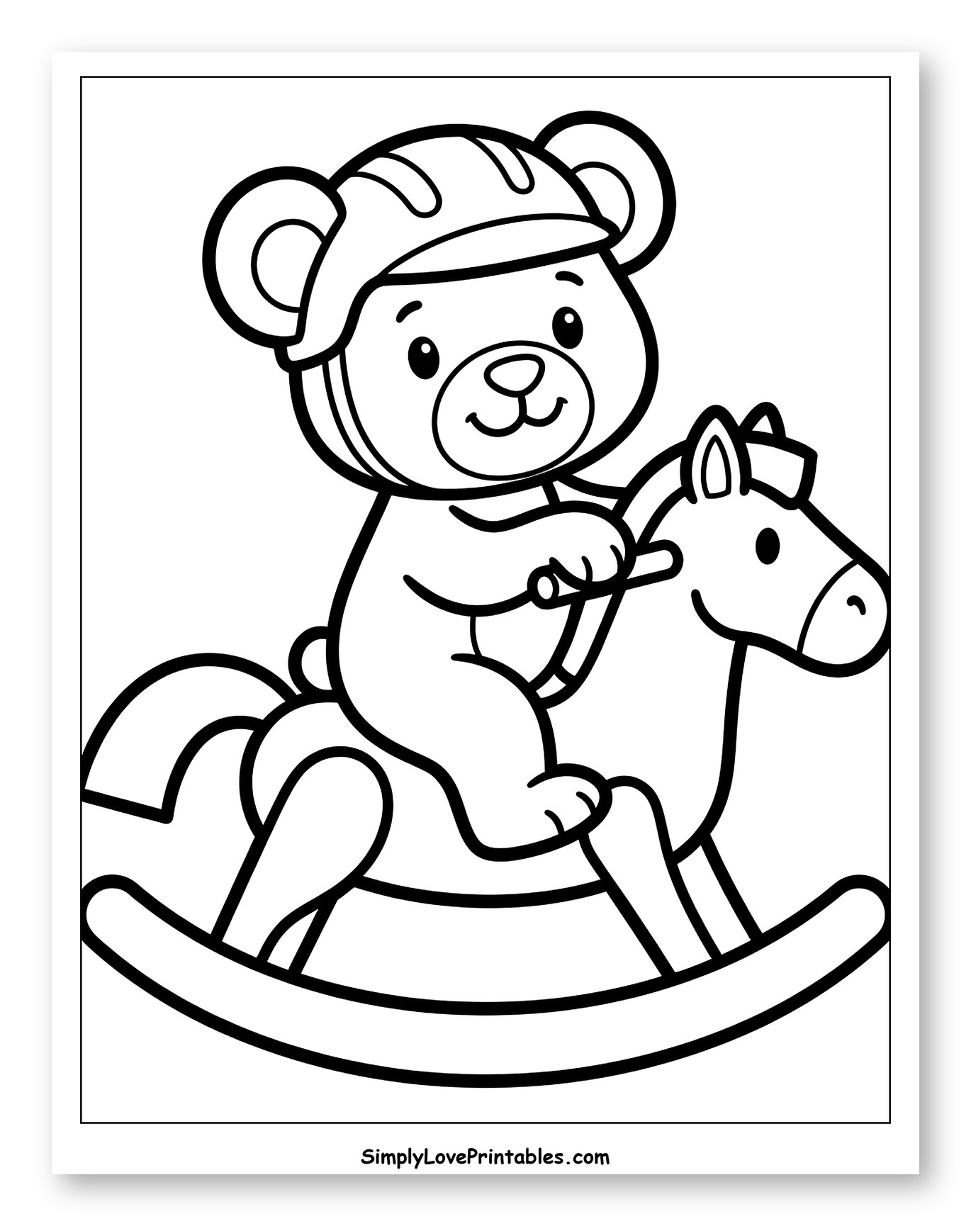 Teddy Bear in Helmet Riding Rocking Horse Coloring Sheet for Toddlers