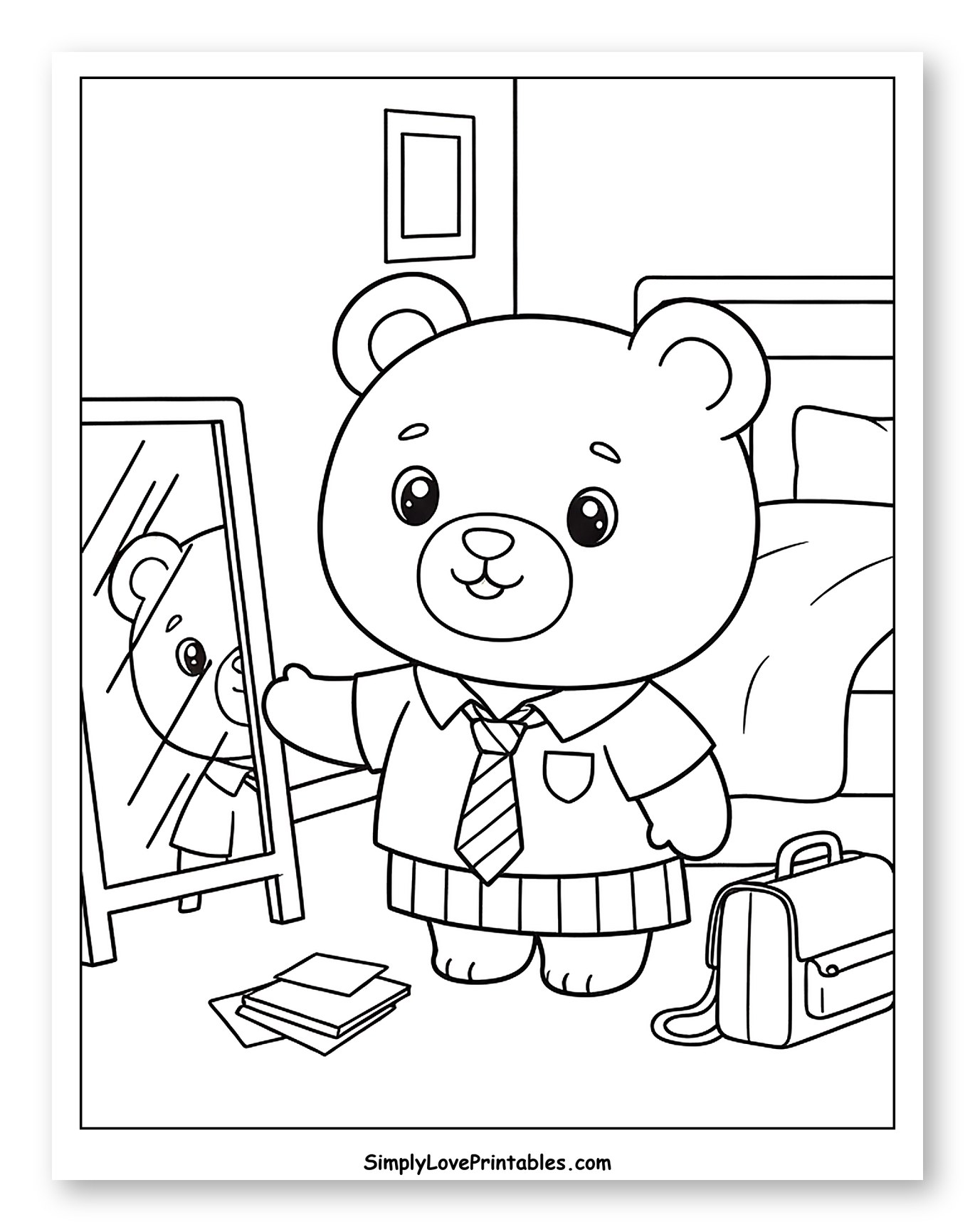 Teddy Bear in School Uniform Looking in Mirror