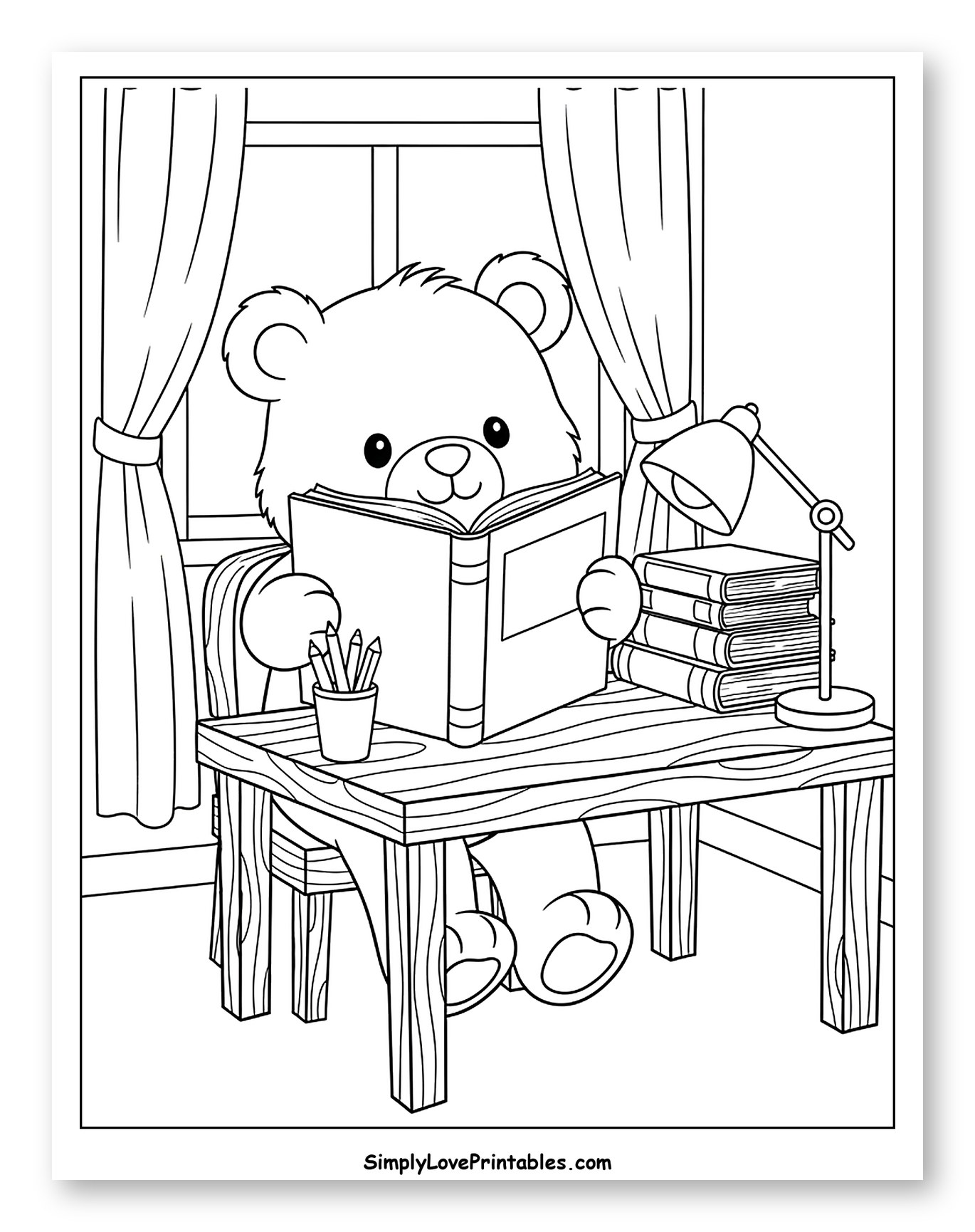 Teddy Bear Reading Book at a Desk