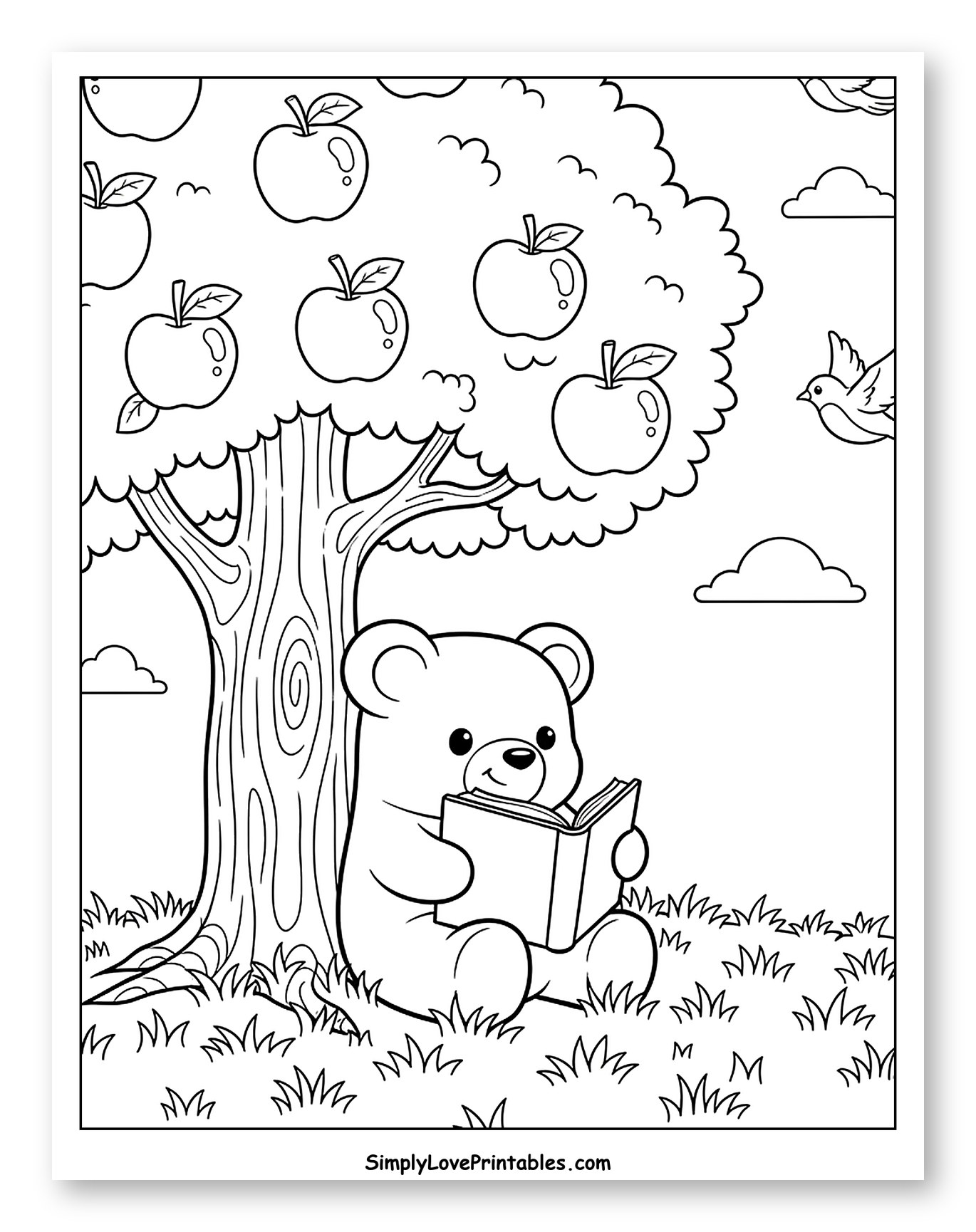 Teddy Bear Reading Under an Apple Tree to Color for Kids