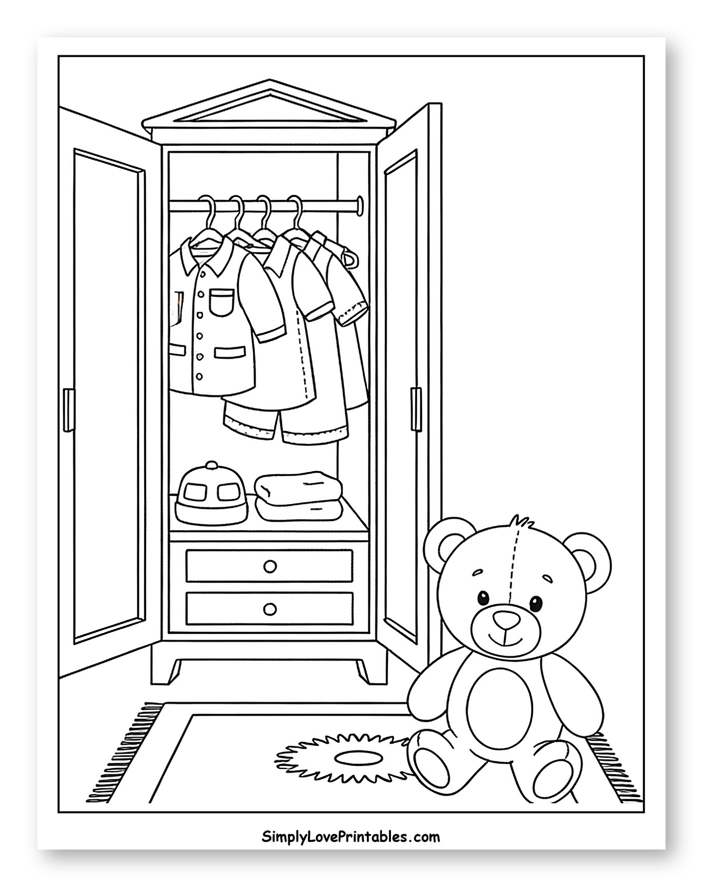 Teddy Bear Sitting by an Open Wardrobe