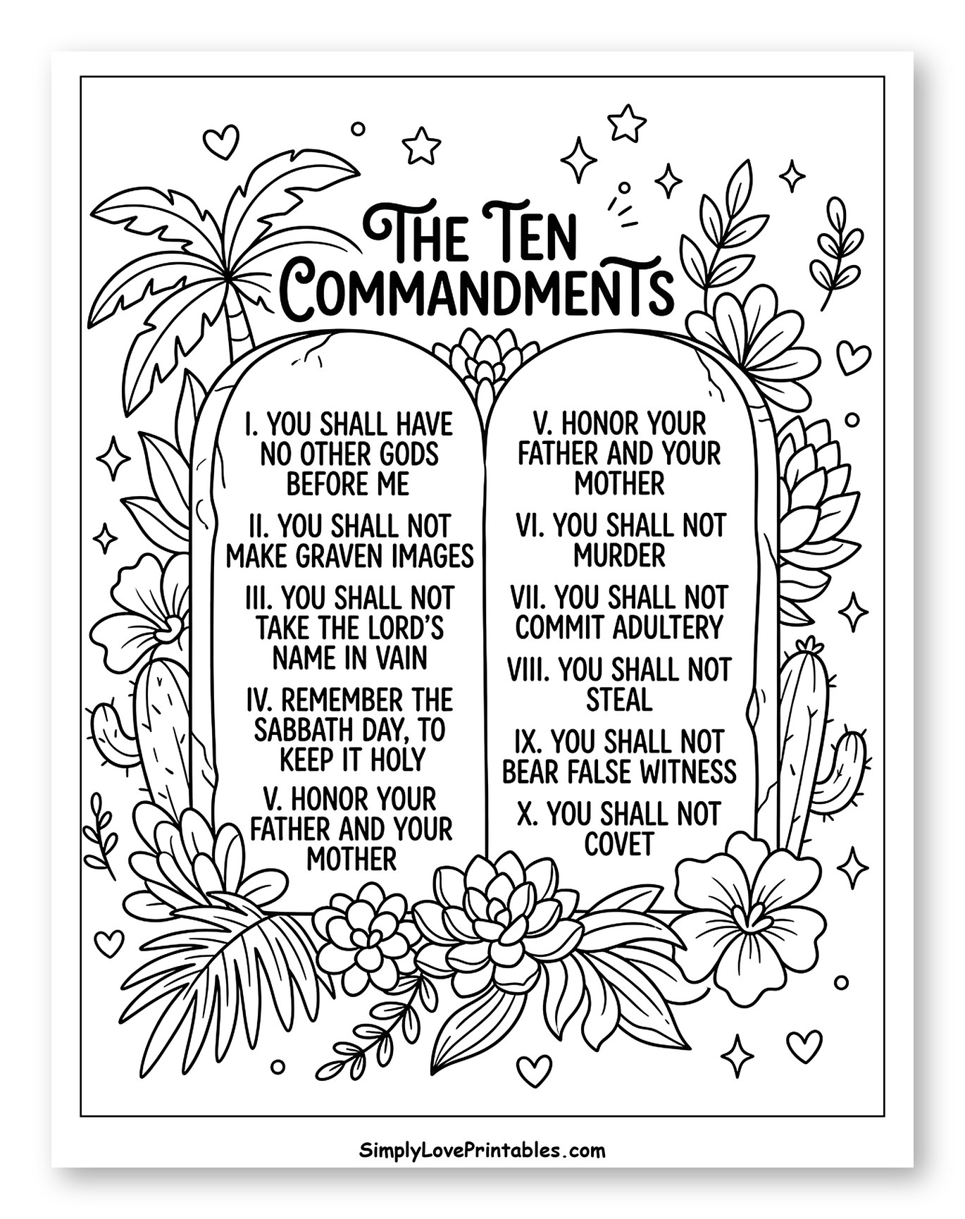 Ten Commandments Stone Tablets and Desert Plants Coloring Sheet for Adults