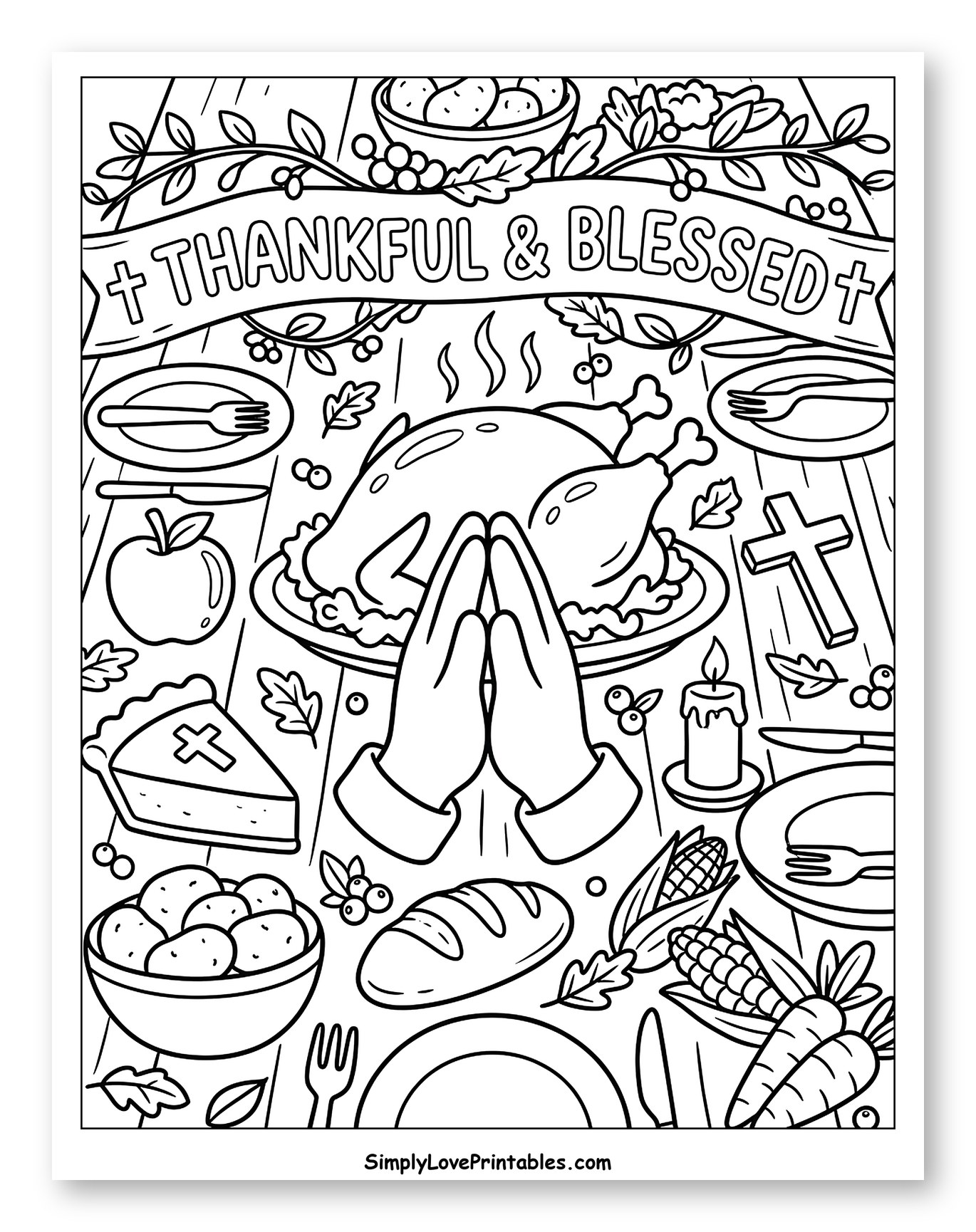 Thankful and Blessed Thanksgiving Dinner to Color for Kids