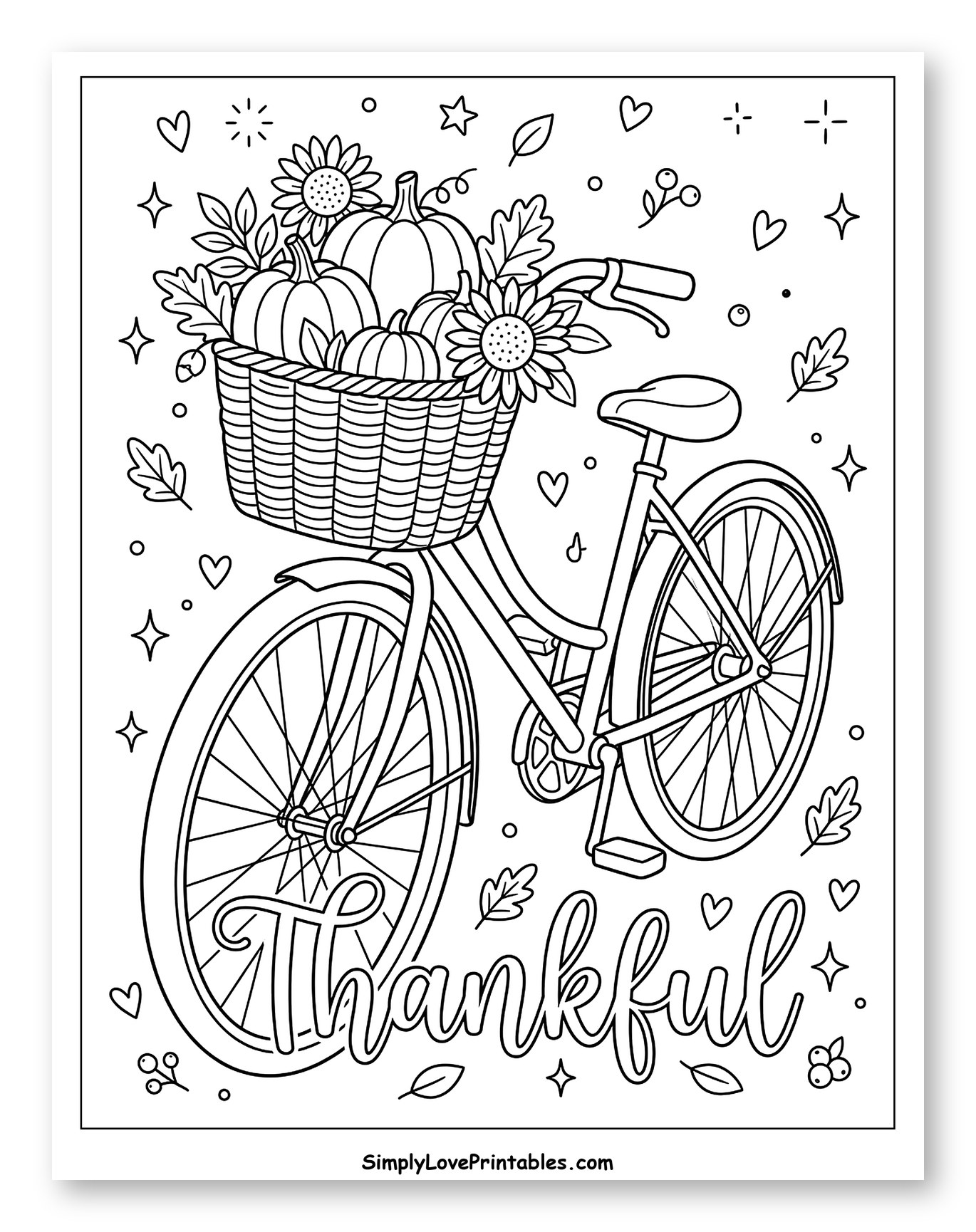 Thankful Autumn Bicycle with Pumpkin Basket Coloring Page for Adults