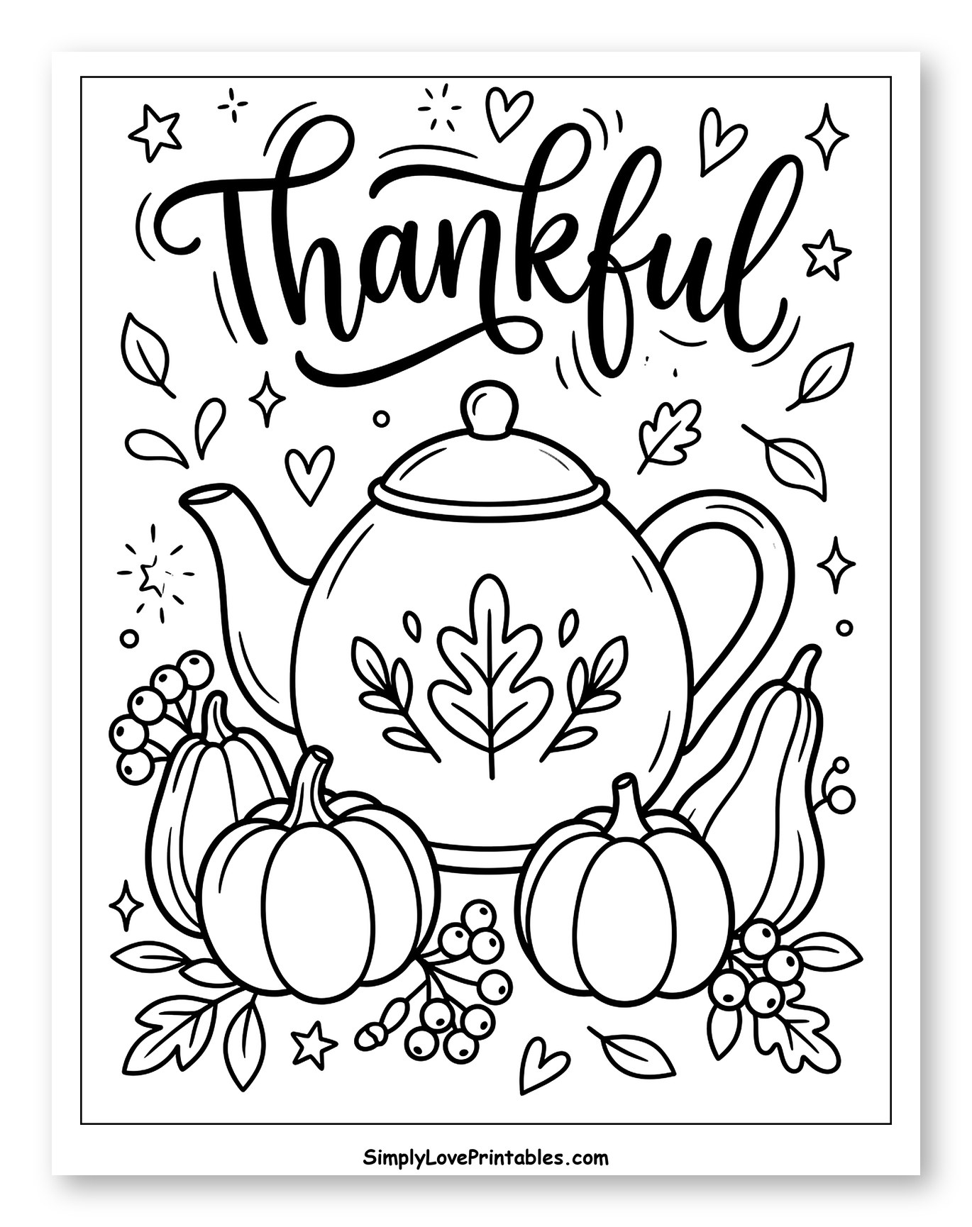 Thankful Autumn Teapot with Pumpkins Coloring Sheet for Adults