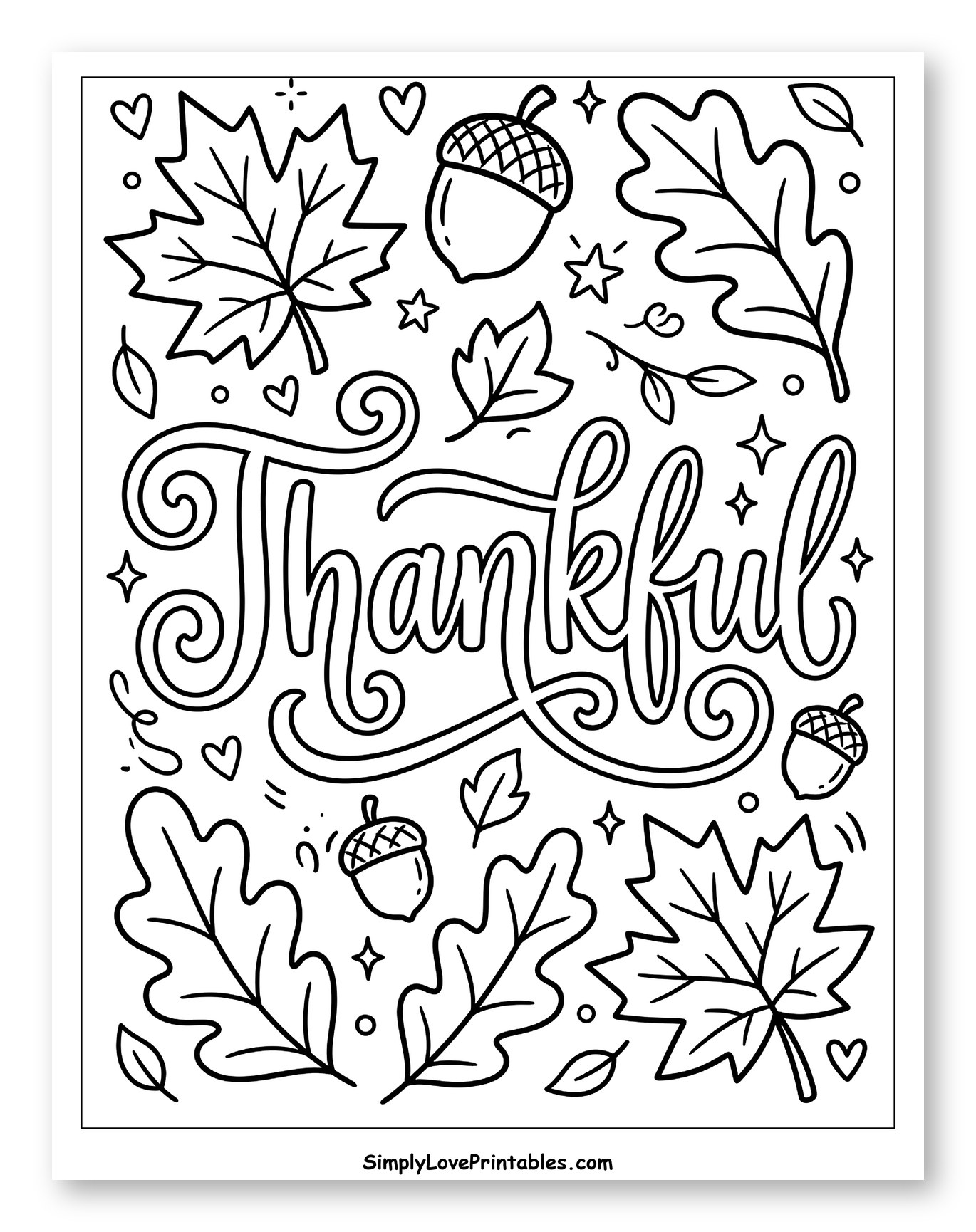 Thankful Calligraphy with Autumn Leaves and Acorns