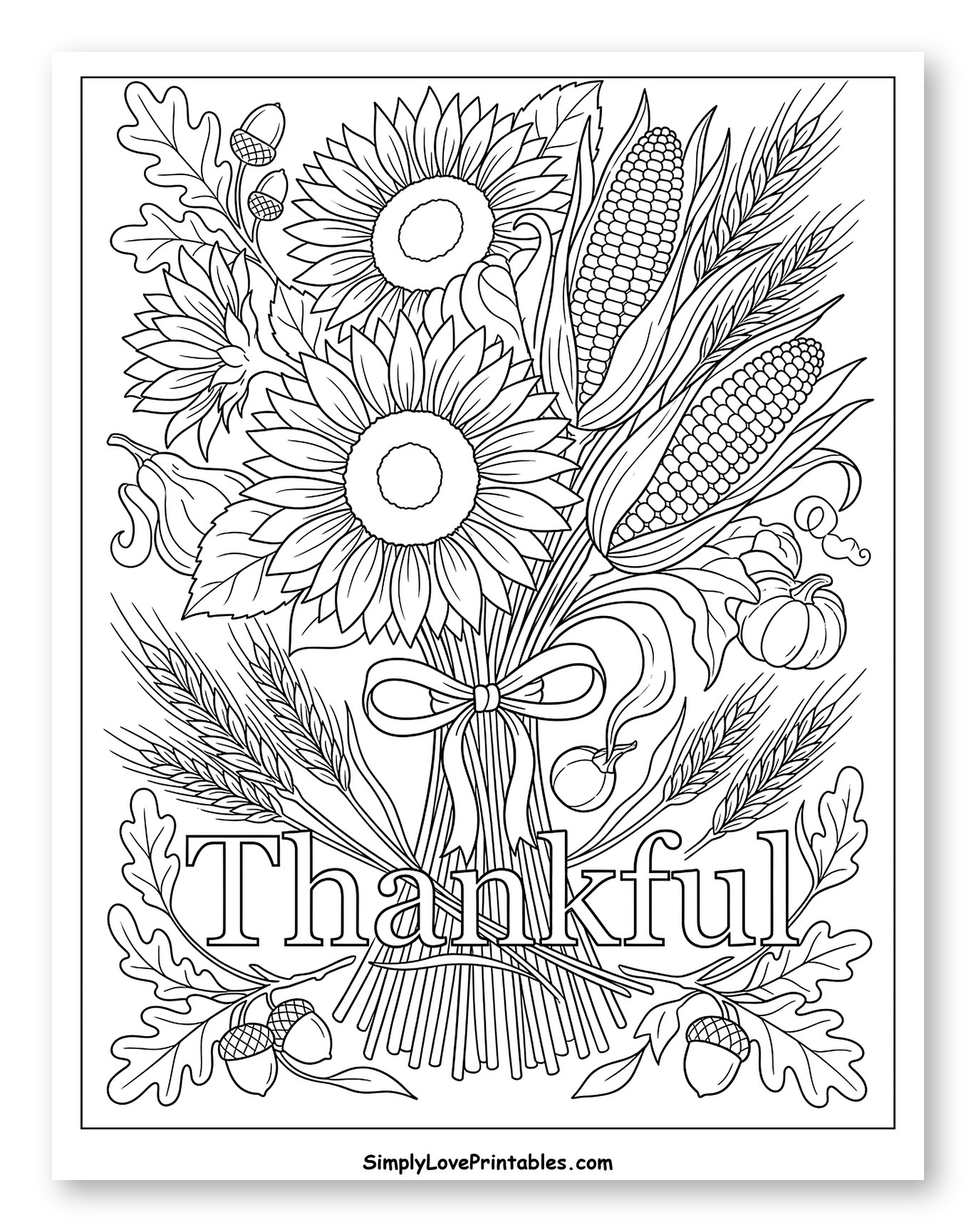 Thankful Harvest Bouquet with Sunflowers and Corn Coloring Page