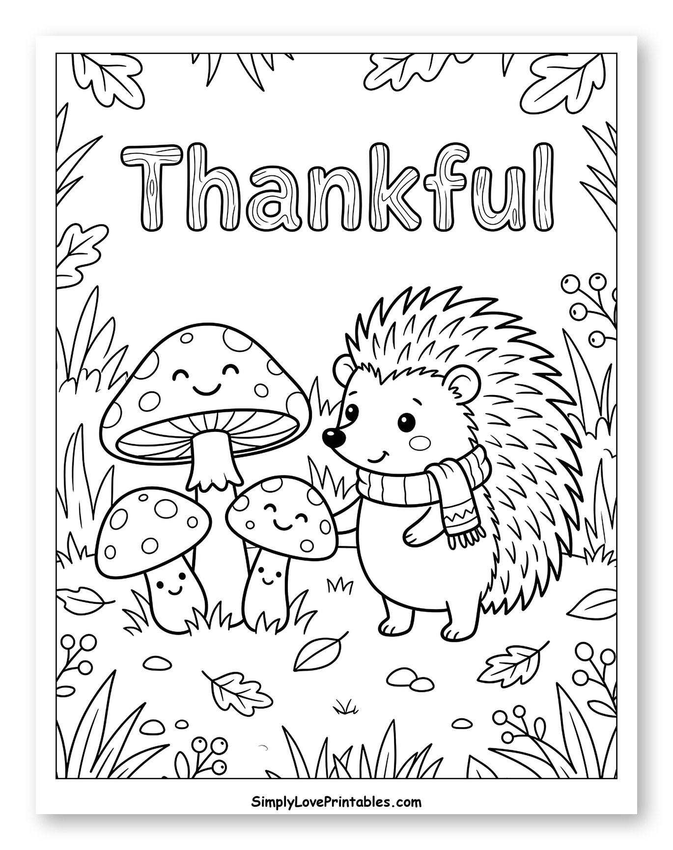 Thankful Hedgehog with Cute Forest Mushrooms to Color for Kids