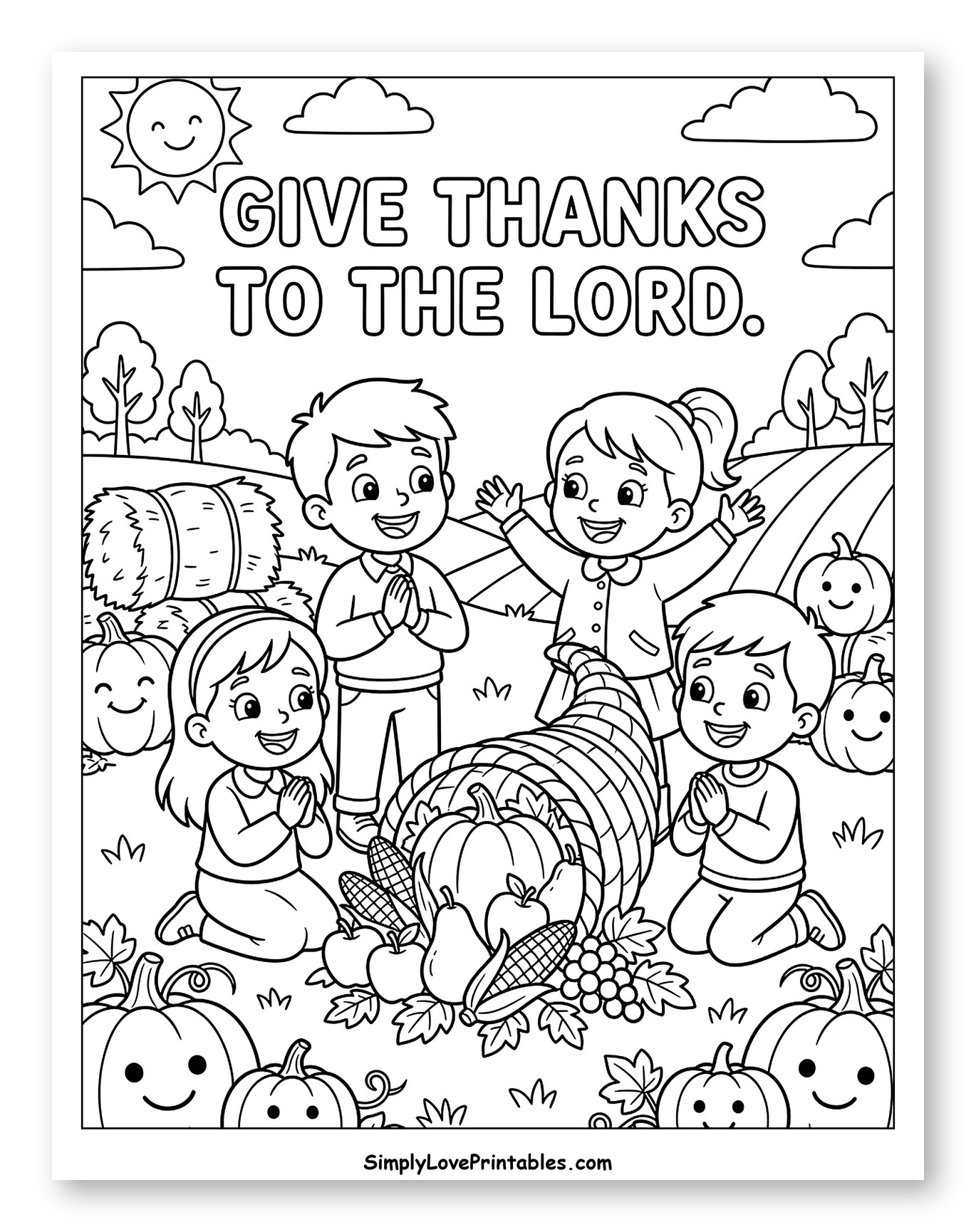 Thankful Kids with Cornucopia and Farm Scene