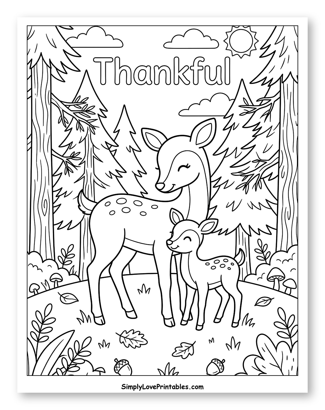 Thankful Mother and Baby Deer in the Forest to Color for Kids