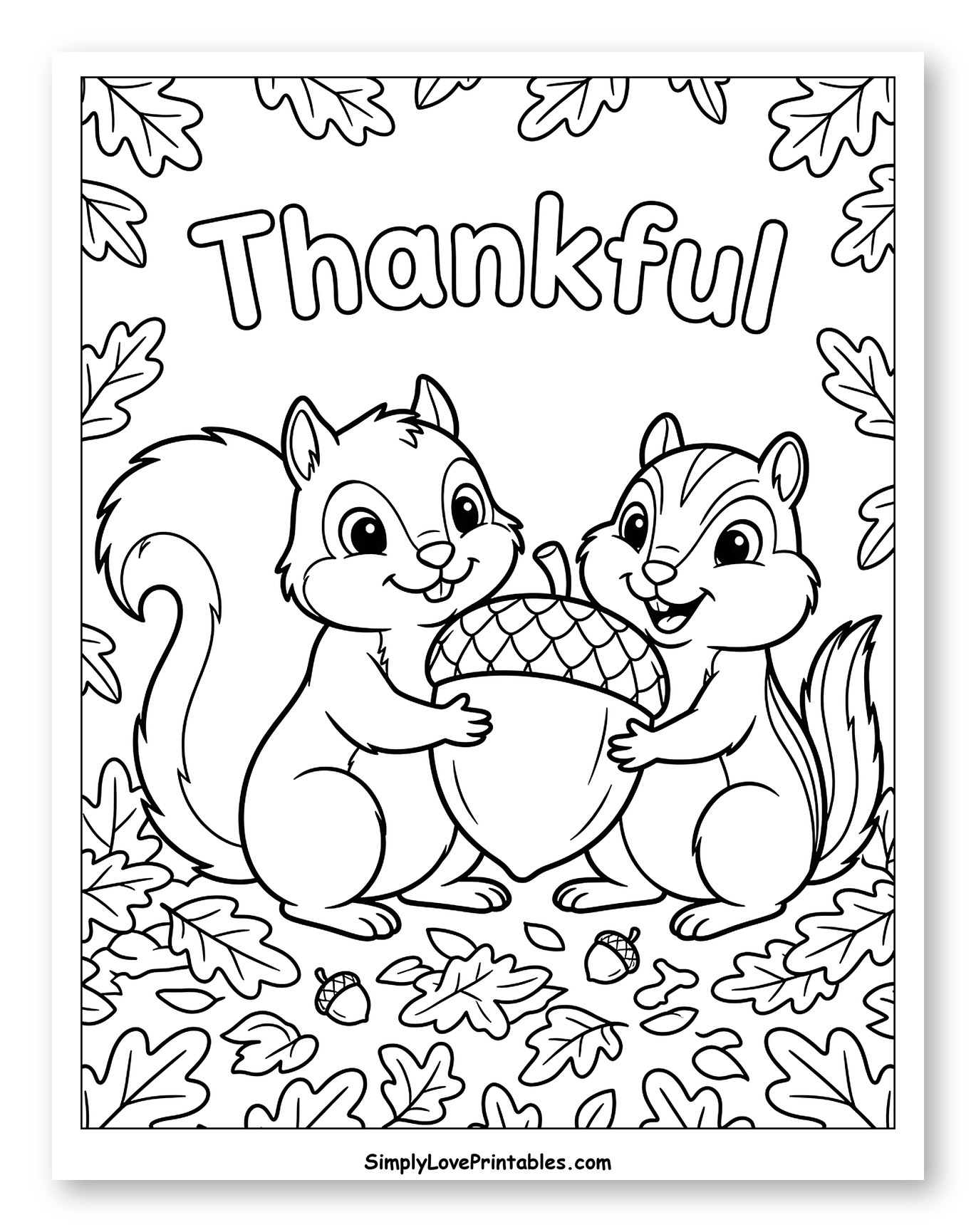Thankful Squirrels Holding a Large Autumn Acorn to Color for Kids