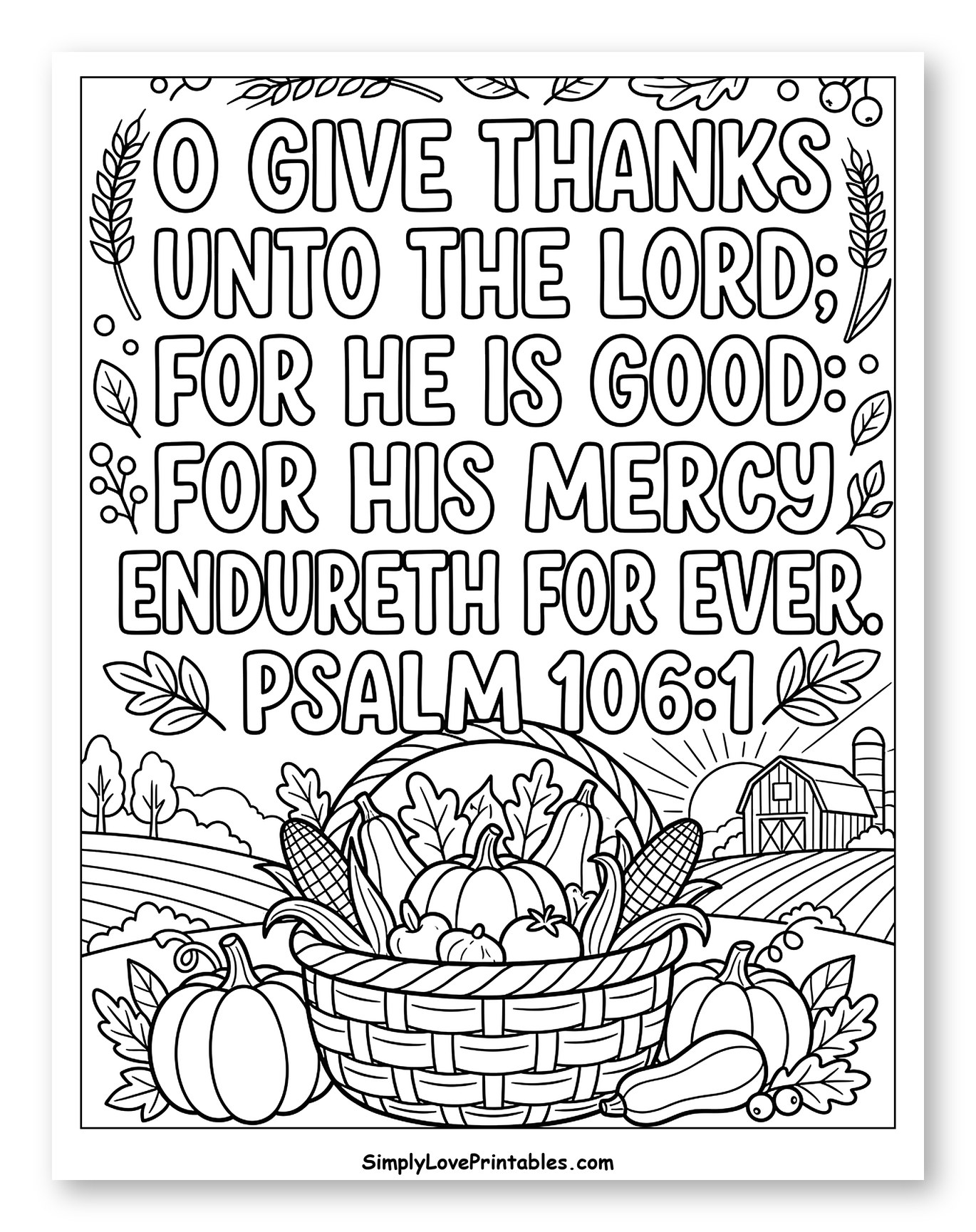 Thanksgiving Bible Verse and Autumn Harvest Coloring Sheet for Kids