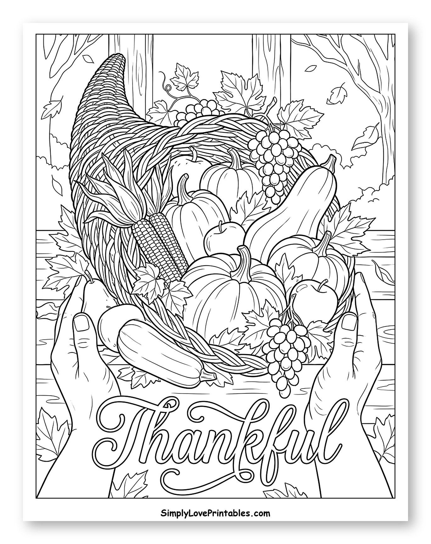 Thanksgiving Cornucopia Held by Gentle Hands to Color