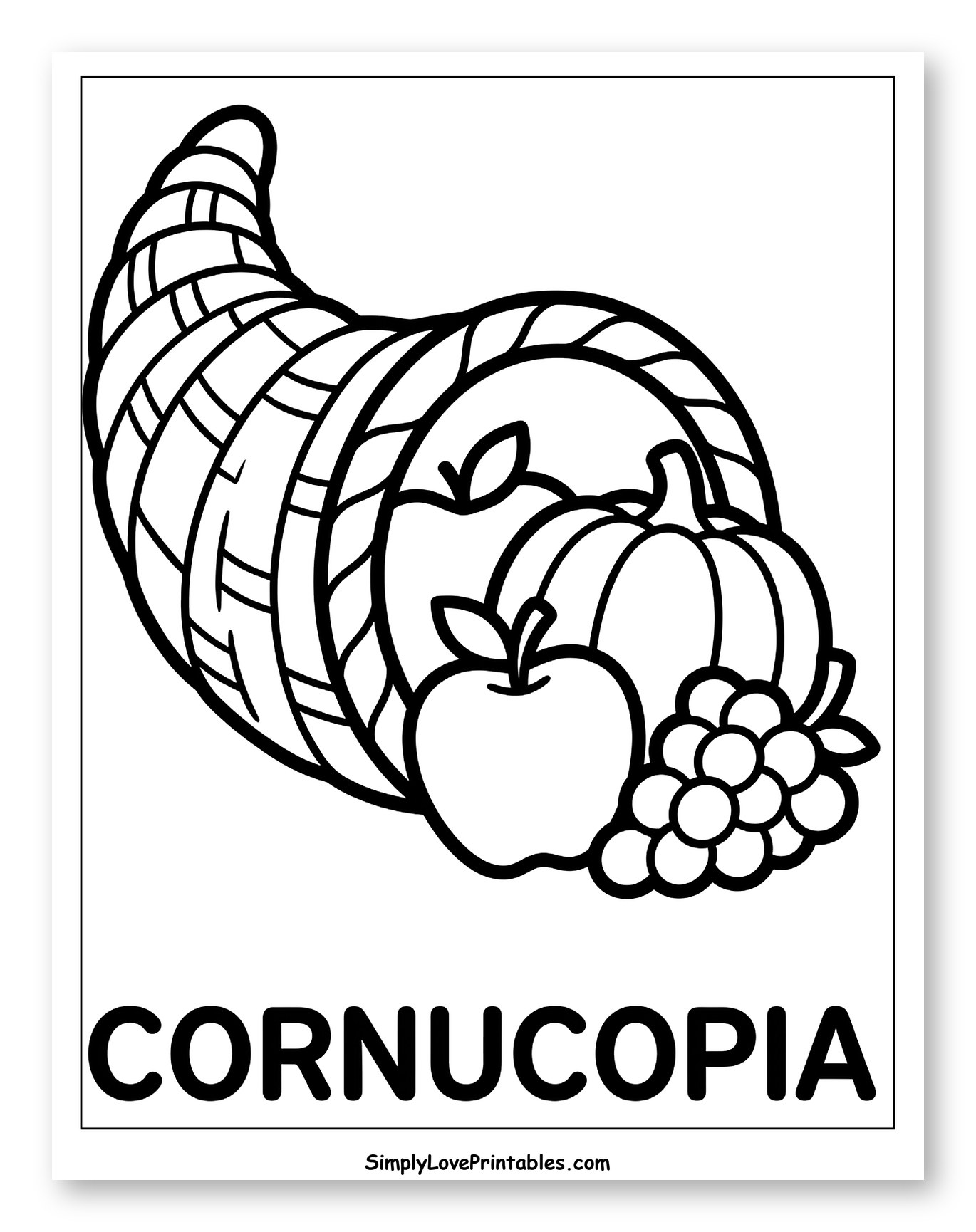 Thanksgiving Cornucopia with Autumn Fruits and Vegetables to Color for Toddlers