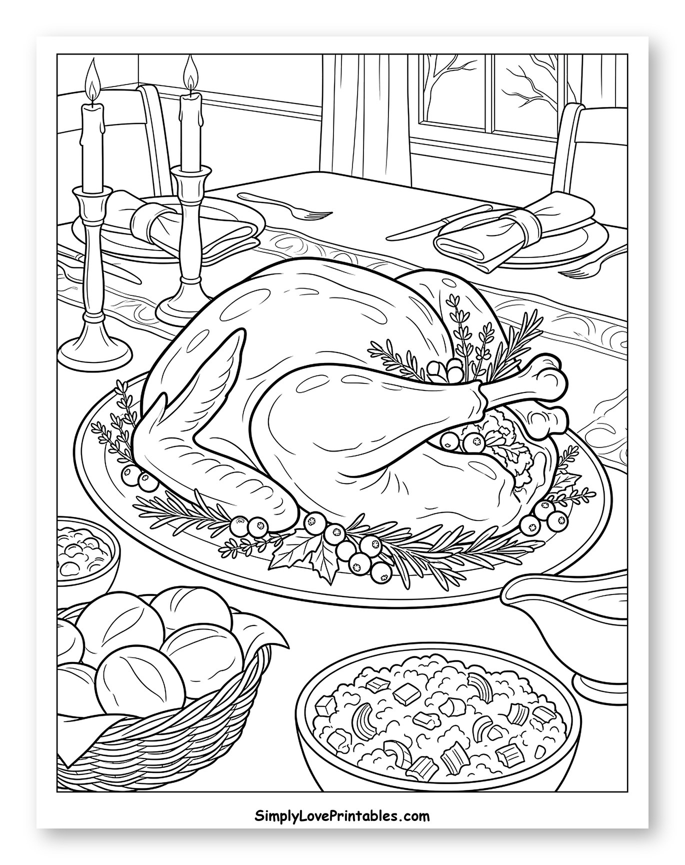Thanksgiving Dinner Table with Roasted Turkey to Color