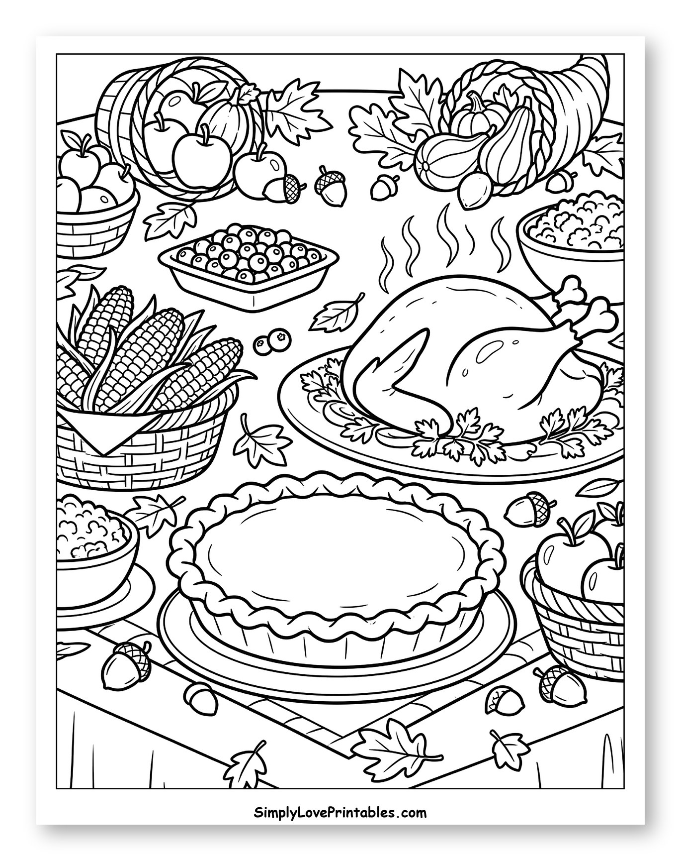 Thanksgiving Dinner Table with Turkey and Pie Coloring Page for Kids