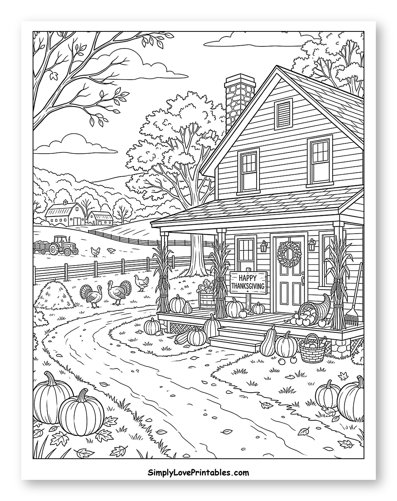 Thanksgiving Farmhouse Scene with Pumpkins and Turkeys to Color