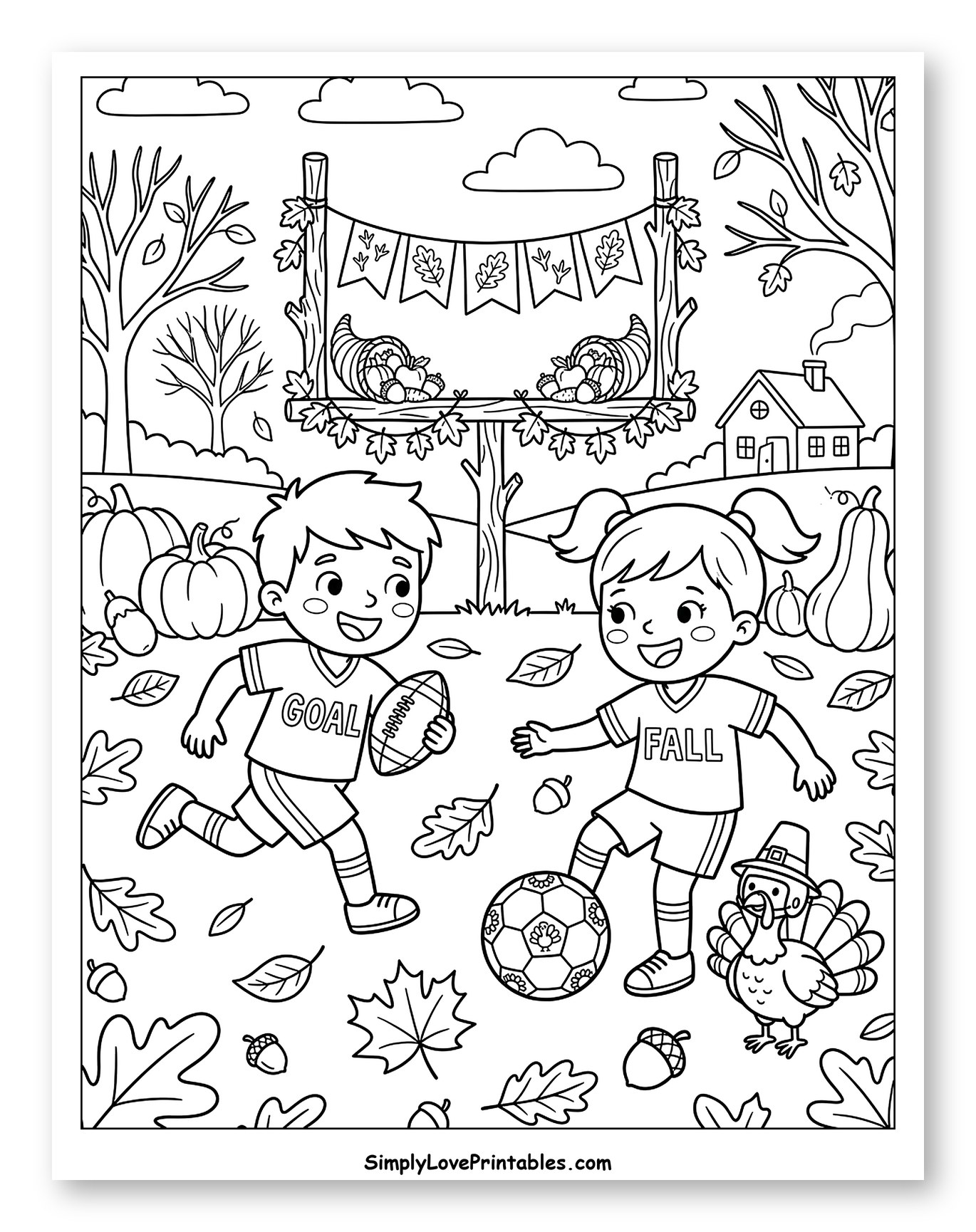 Thanksgiving Fun: Kids Playing Outdoors with Autumn Decor Coloring Page for Kids