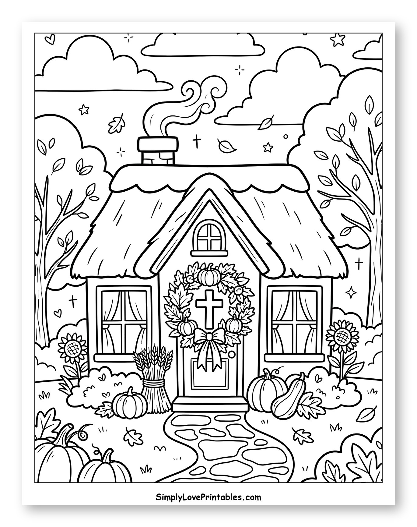 Thanksgiving House with Pumpkins and Cross