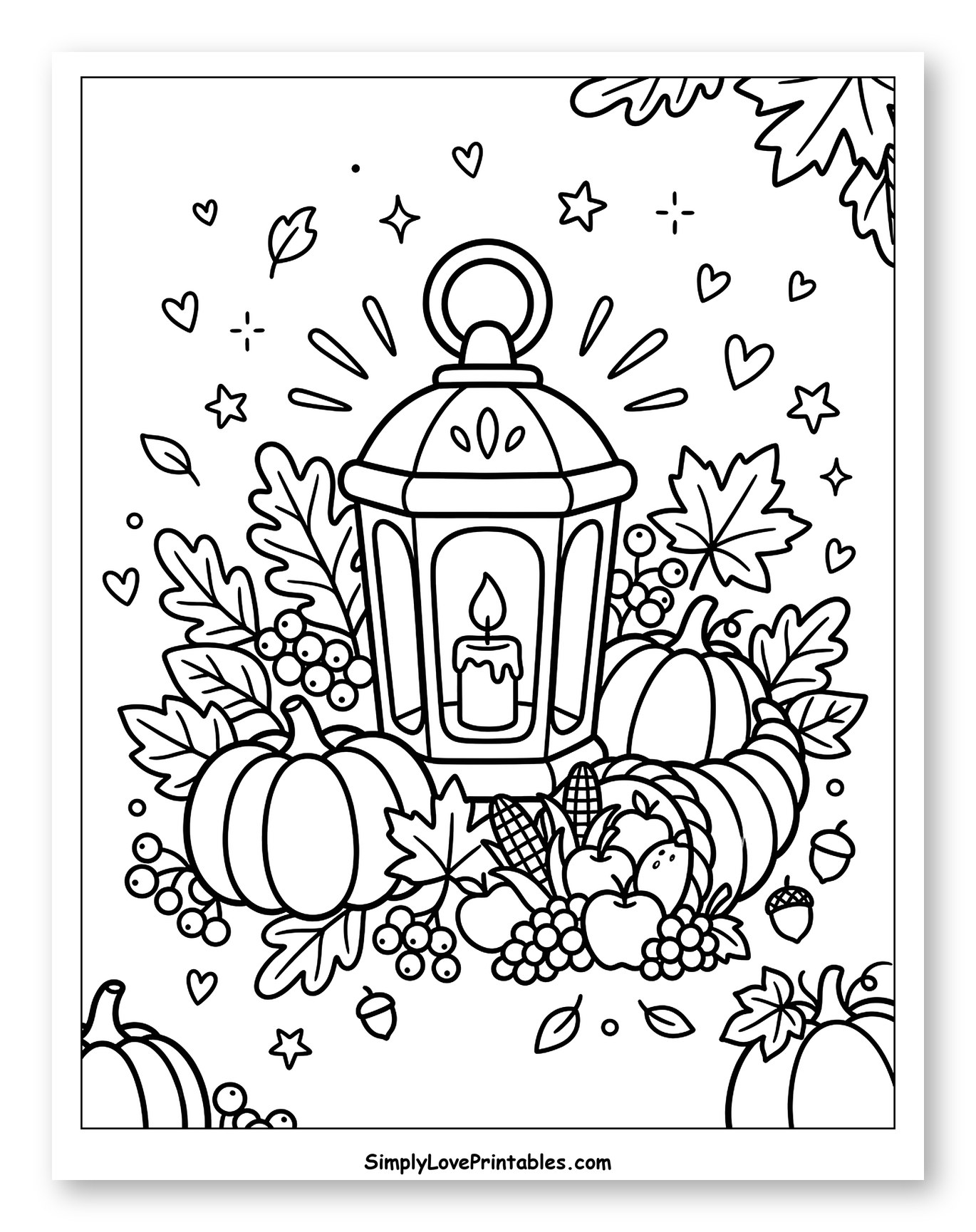 Thanksgiving Lantern with Fall Harvest Display Coloring Sheet for Adults