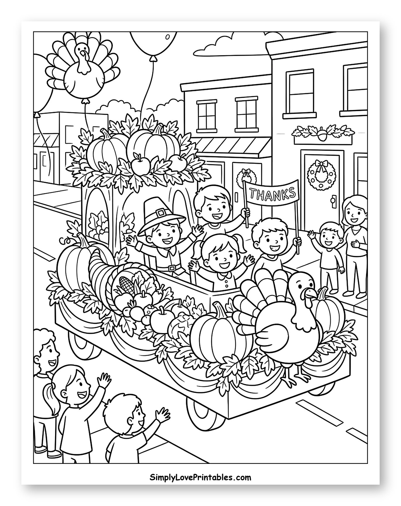 Thanksgiving Parade with Kids, Pumpkins, and Turkeys Coloring Page for Kids
