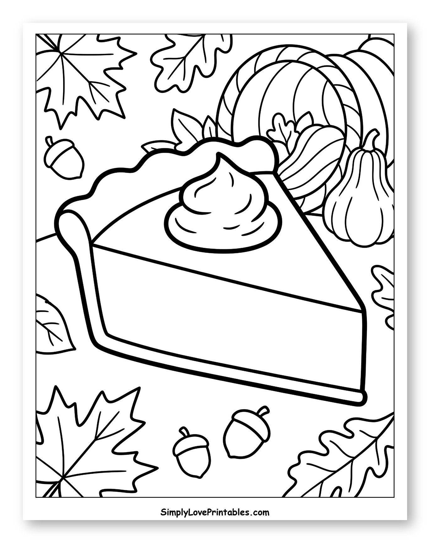 Thanksgiving Pie Slice with Autumn Leaves and Acorns Coloring Page for Toddlers
