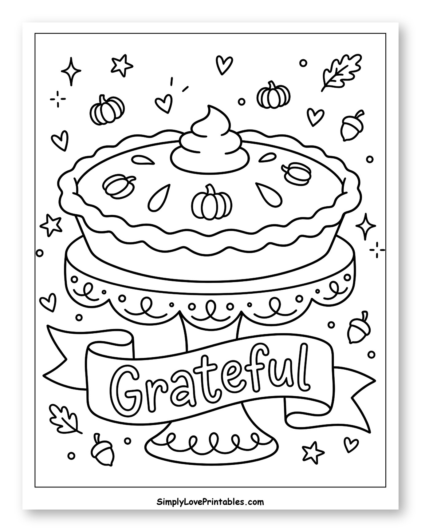 Thanksgiving Pumpkin Pie with Grateful Banner Coloring Page for Adults