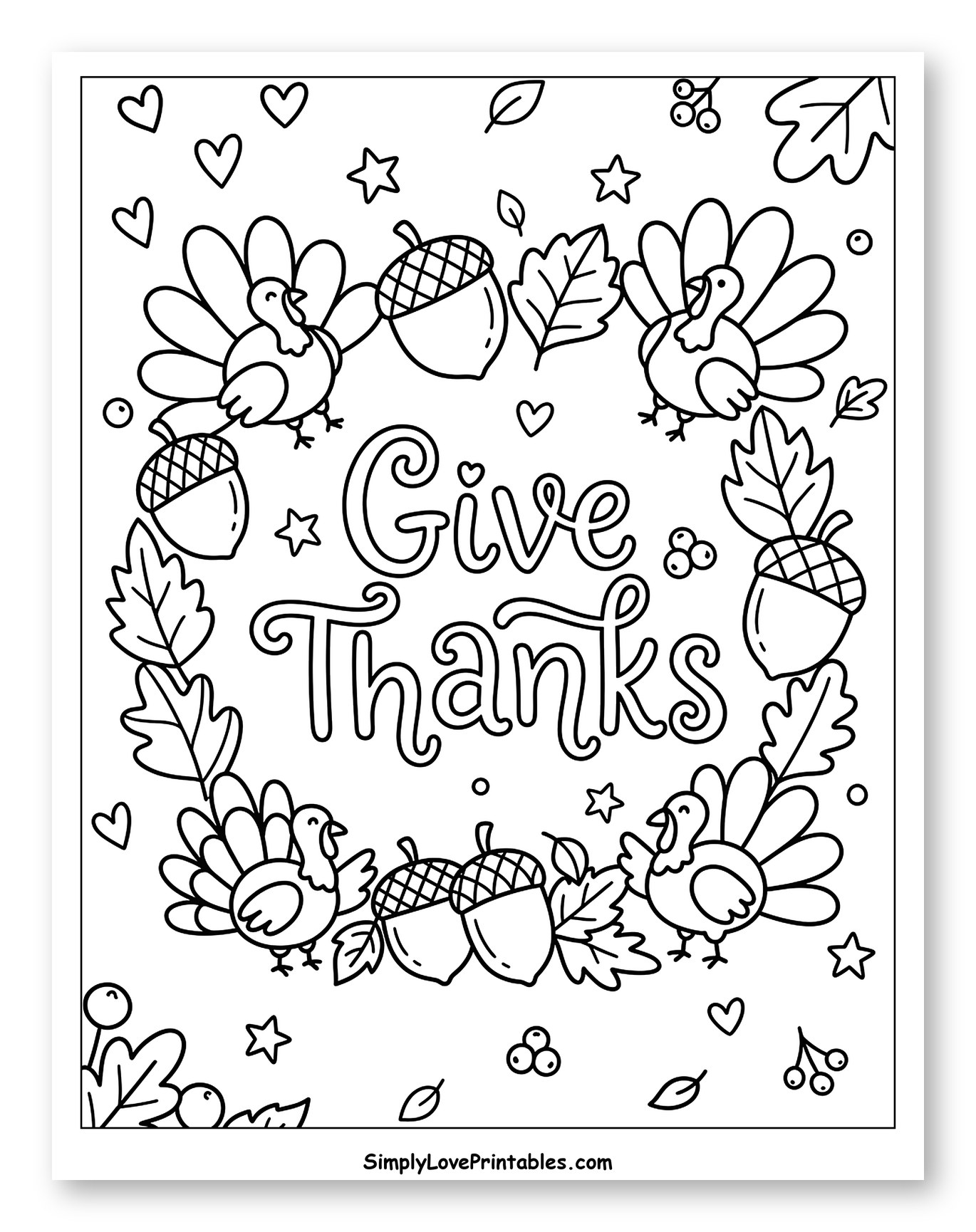 Thanksgiving Turkeys and Autumn Acorn Wreath Coloring Page for Adults