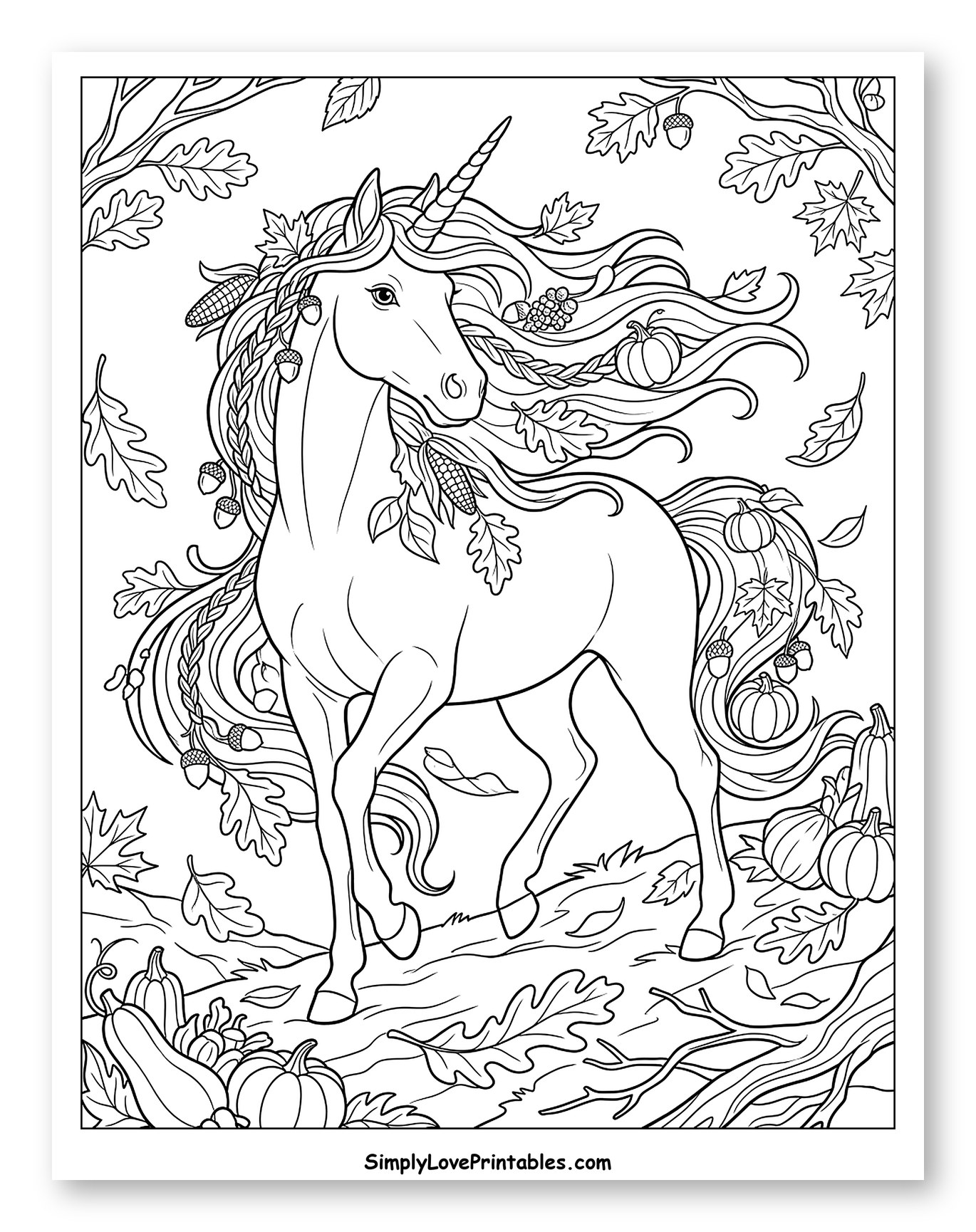 Thanksgiving Unicorn Adorned with Autumn Harvest to Color