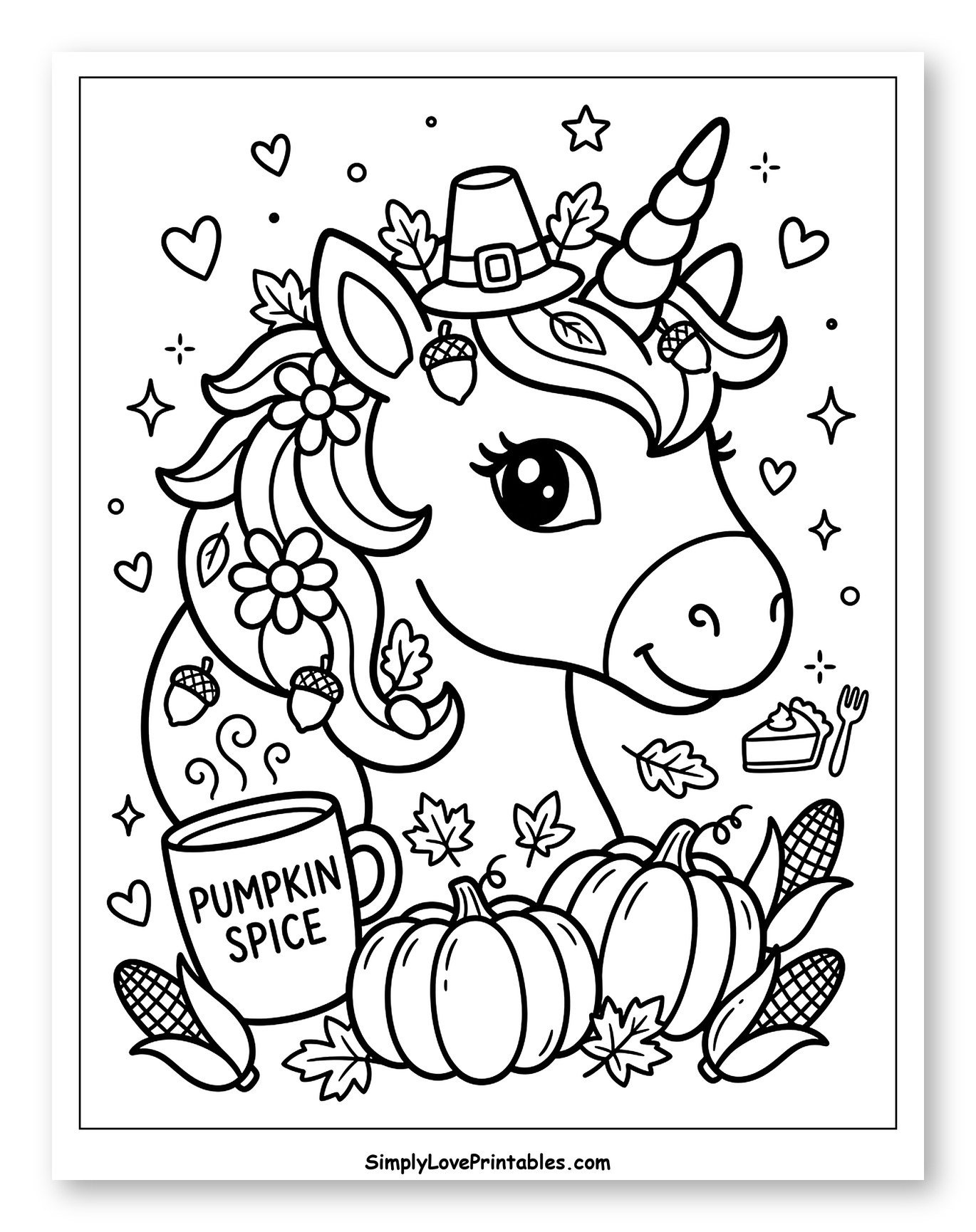Thanksgiving Unicorn with Pumpkin Spice Mug and Pumpkins