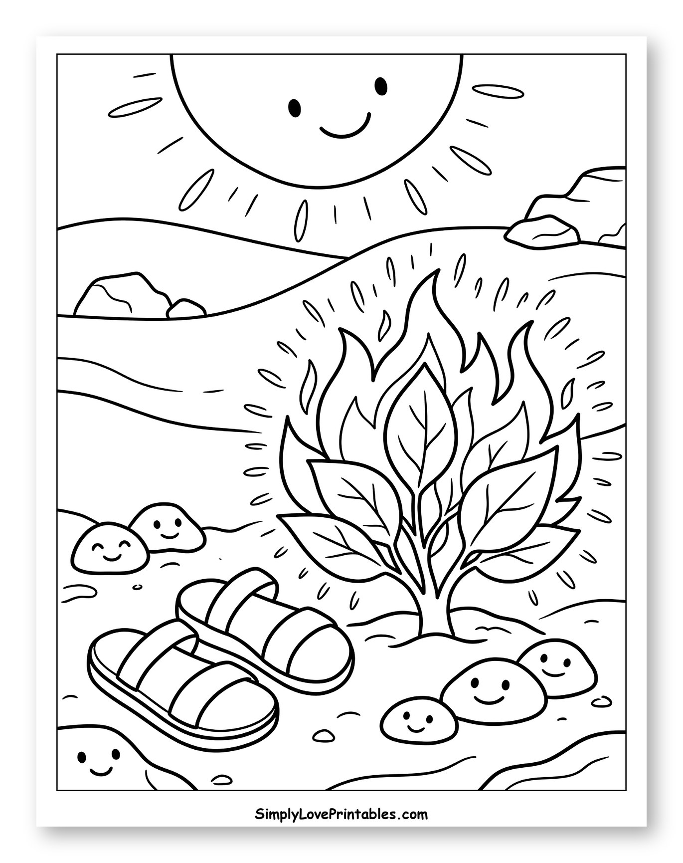 The Burning Bush with Sandals and Sun Coloring Sheet for Kids