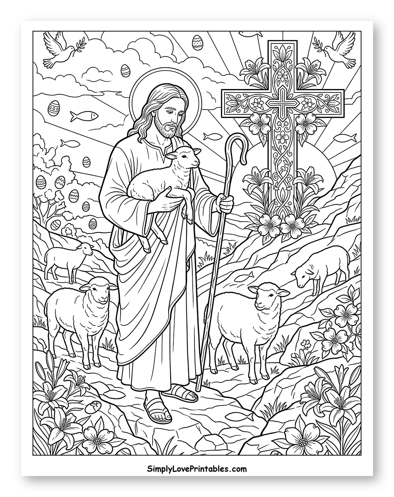 The Good Shepherd with Lambs and Easter Cross Coloring Page