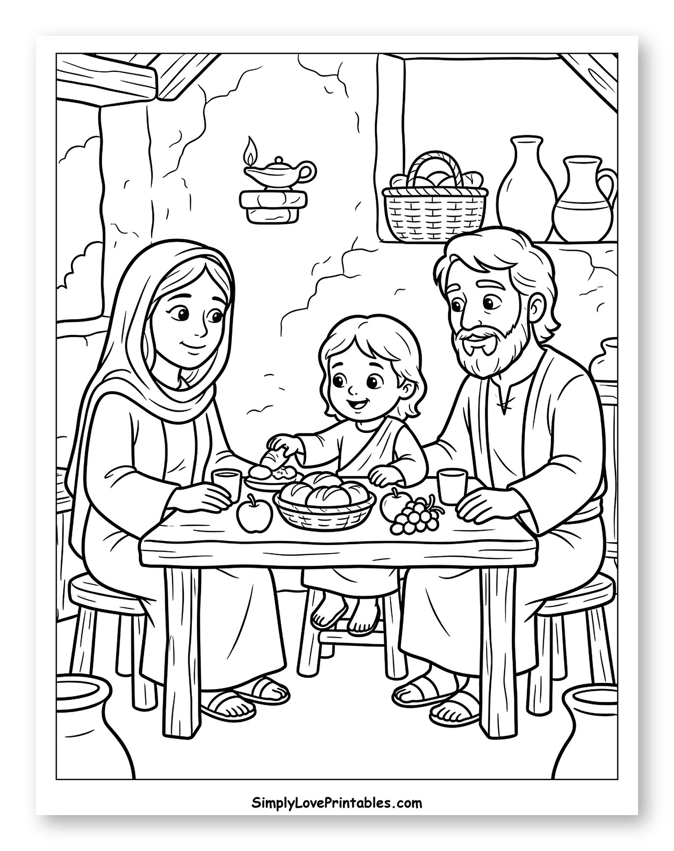 The Holy Family Eating Together Coloring Sheet for Kids