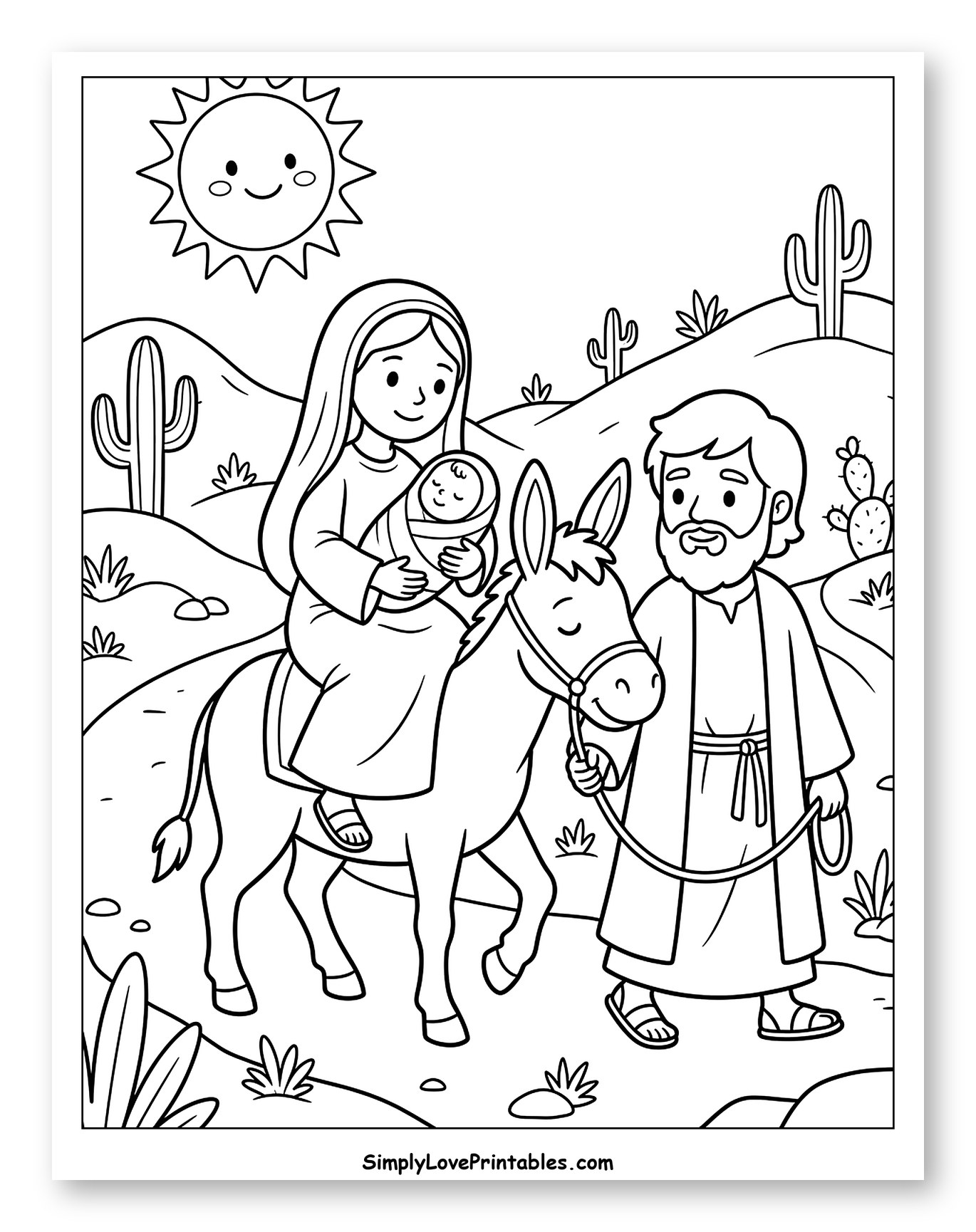 The Holy Family's Desert Journey Coloring Page for Kids
