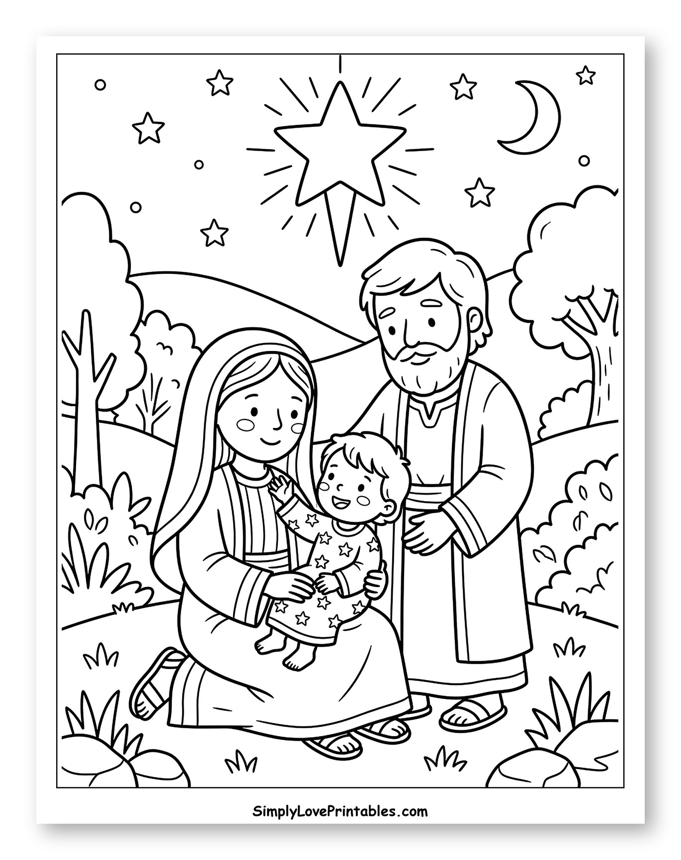 The Holy Family with Baby Jesus and a Star Coloring Sheet for Kids