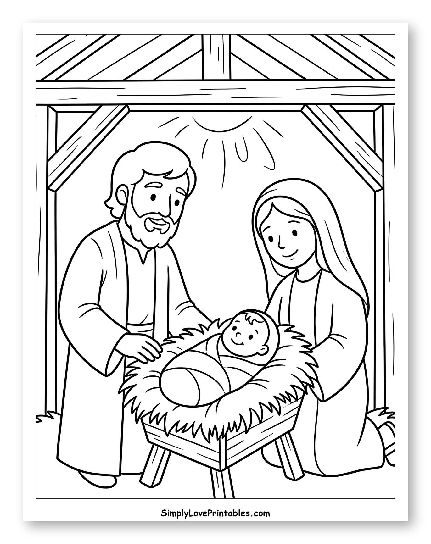 The Holy Family with Baby Jesus in Manger Coloring Sheet for Kids