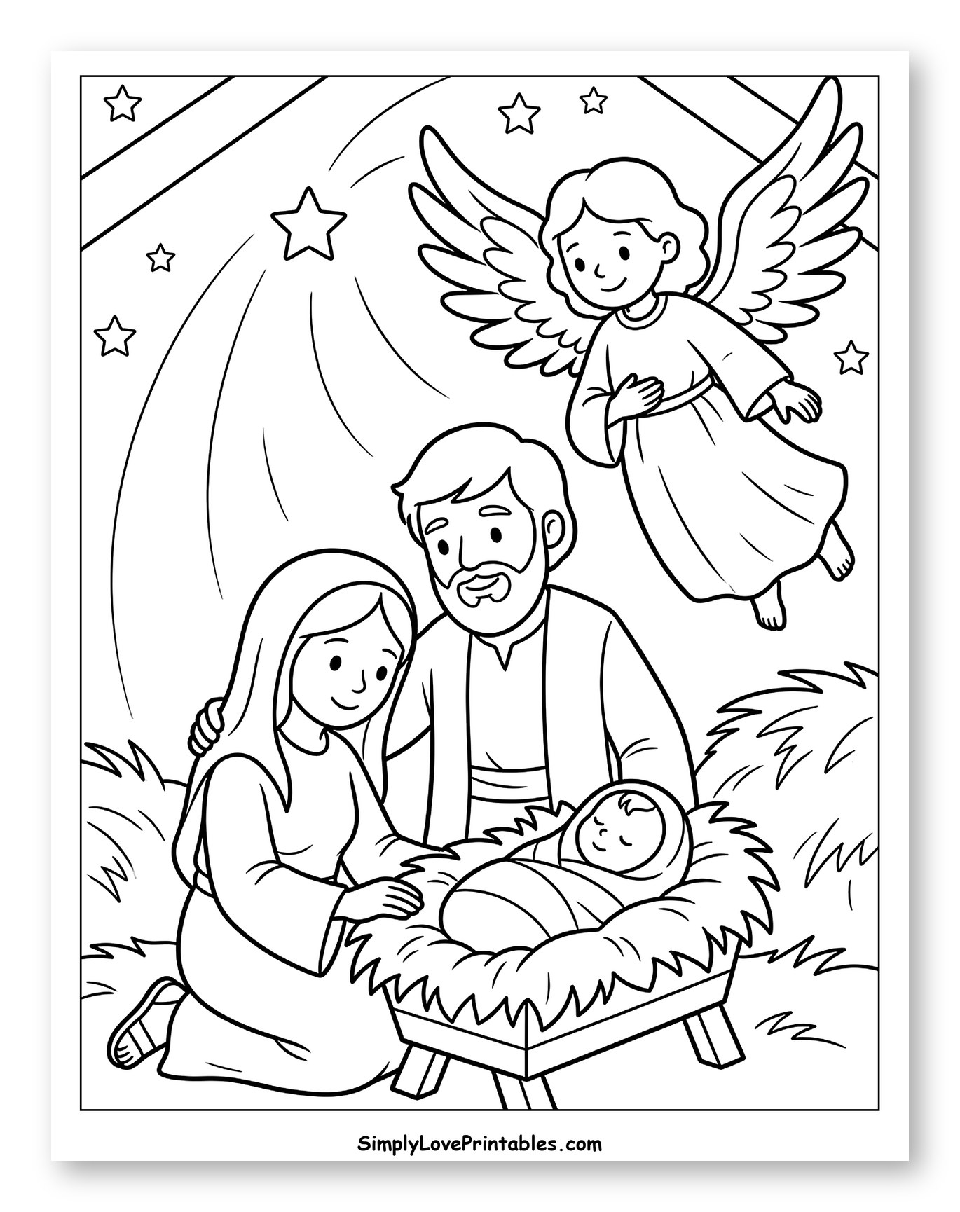 The Nativity Scene with Angel and Stars Coloring Page for Kids