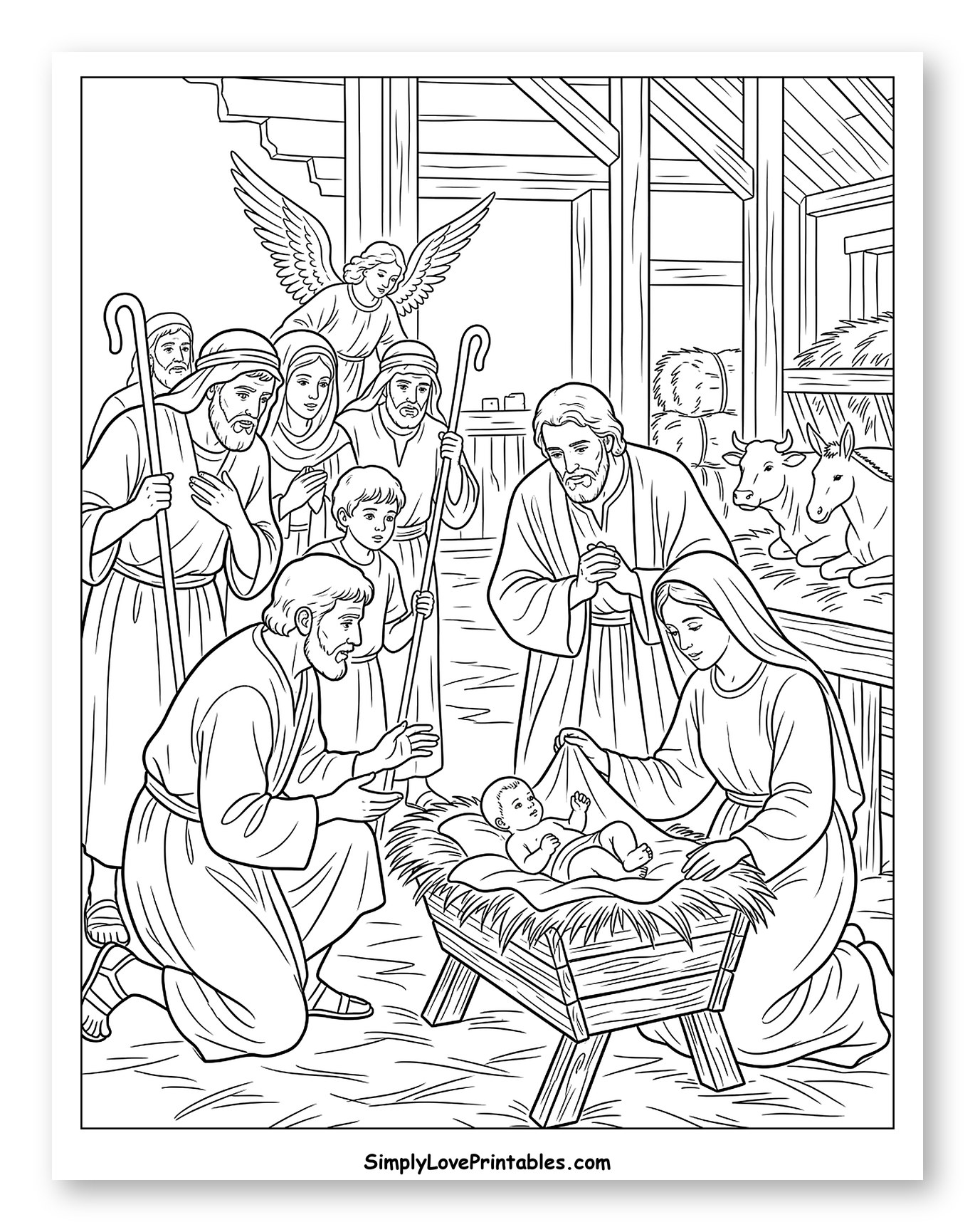 The Nativity Story with Angel and Shepherds to Color