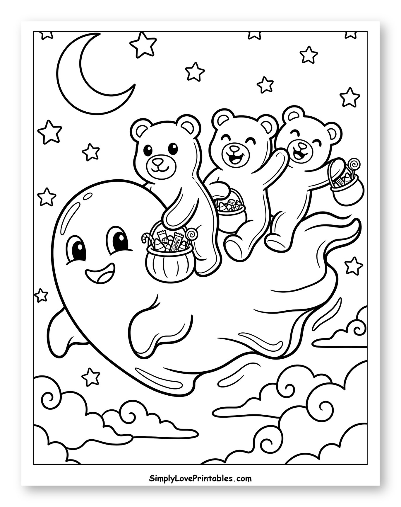 Three Bears Riding Friendly Ghost with Halloween Candy