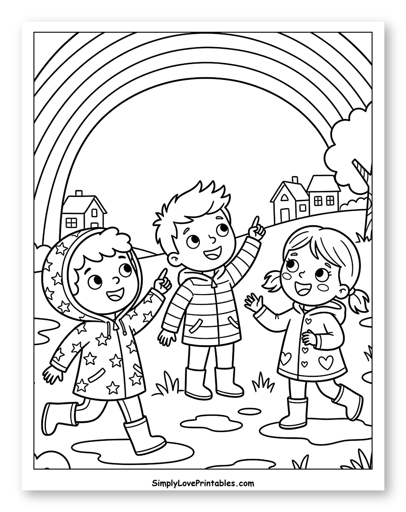 Three Children in Rain Jackets Admiring a Rainbow