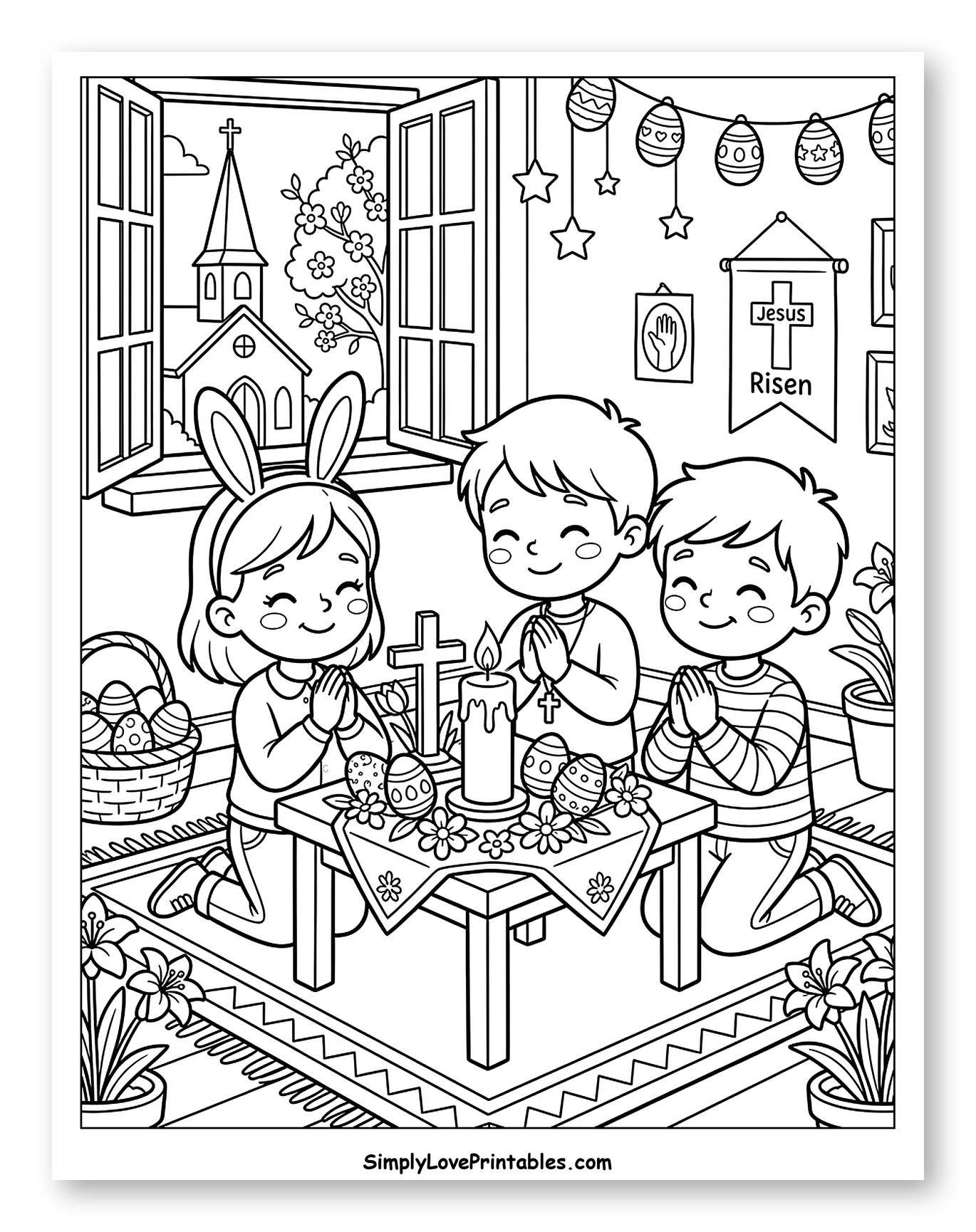Three Children Praying with Easter Decorations