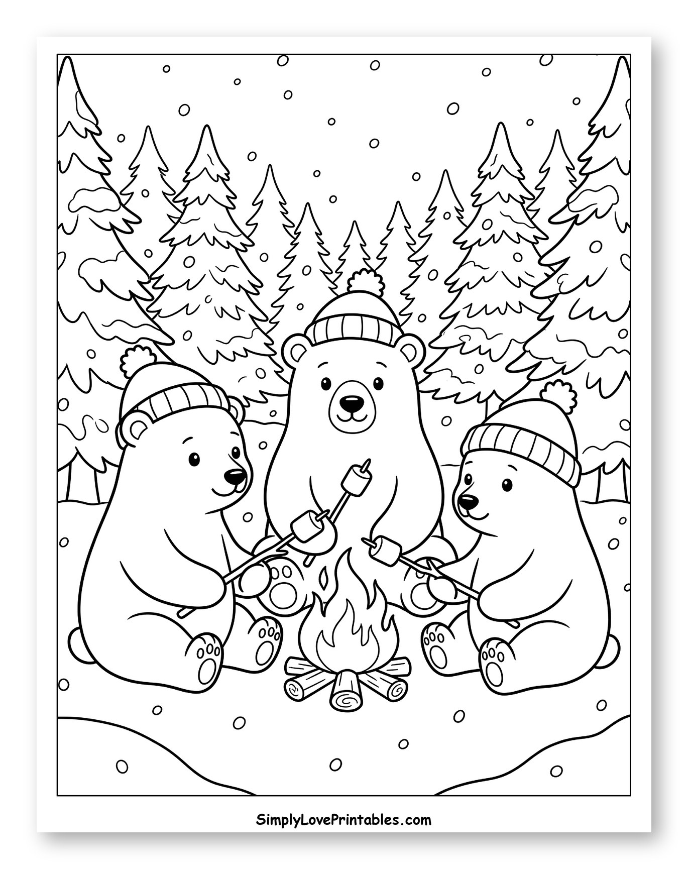 Three Cozy Polar Bears Roasting Marshmallows